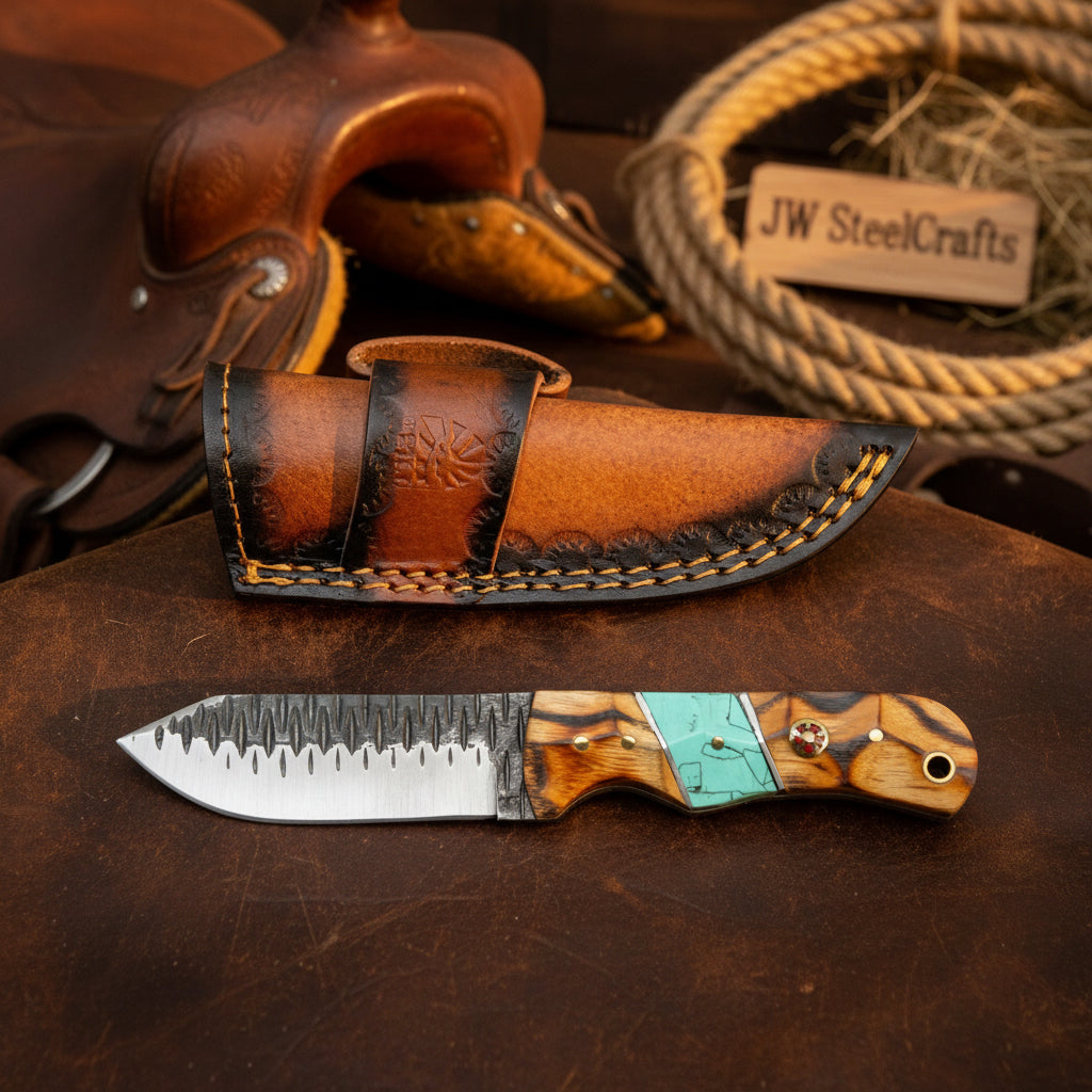 Turquoise Ridge Tracker Knife 10" Handmade Damascus with Serrated Spine