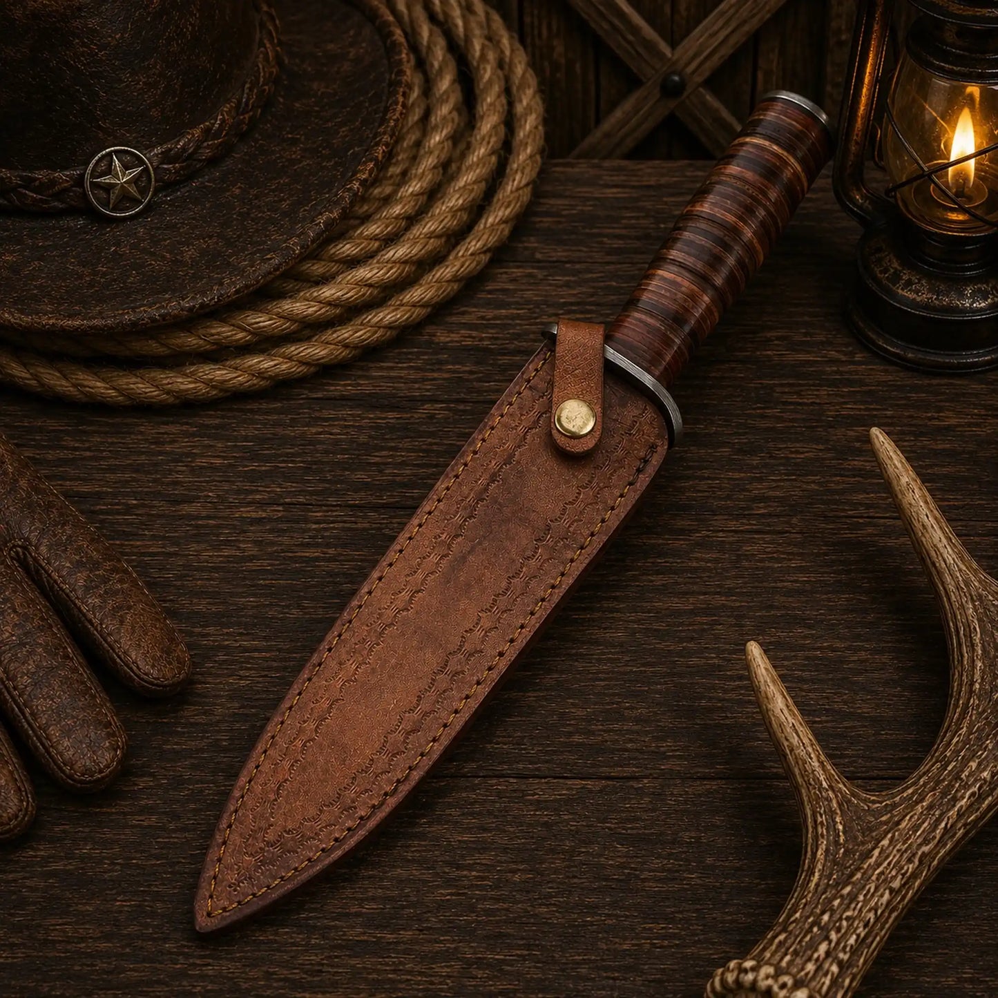 M3 Heritage Damascus Bowie Knife – Stacked Leather Handle & Sheath