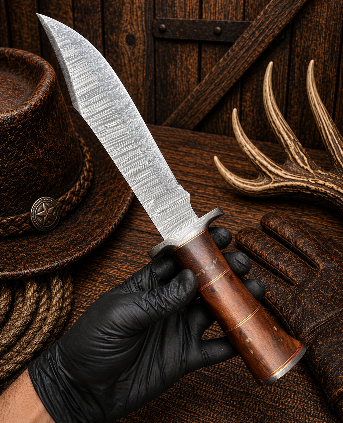 15″ Wild Highland Bowie Knife – Damascus Steel With Wood Handle & Leather Sheath