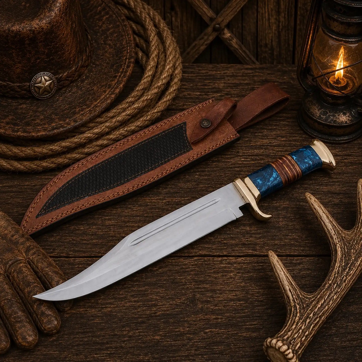 Australian Outback Bowie Knife – D2 Steel With Resin & Stacked Leather Handle