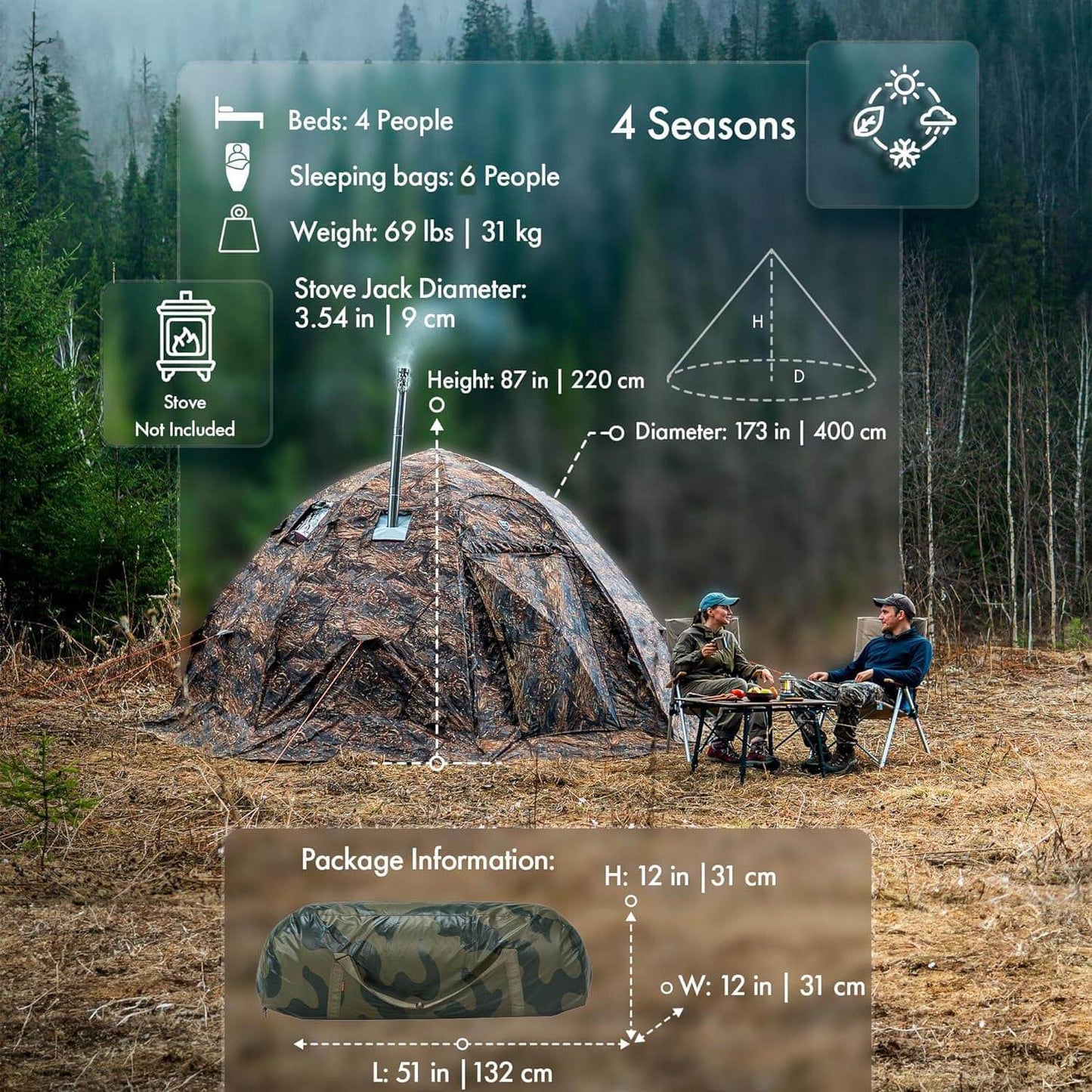 RBM All-Seasons tent UP-5 for 2-6 person + Wood Stove Caminus M + Three-Layer Floor