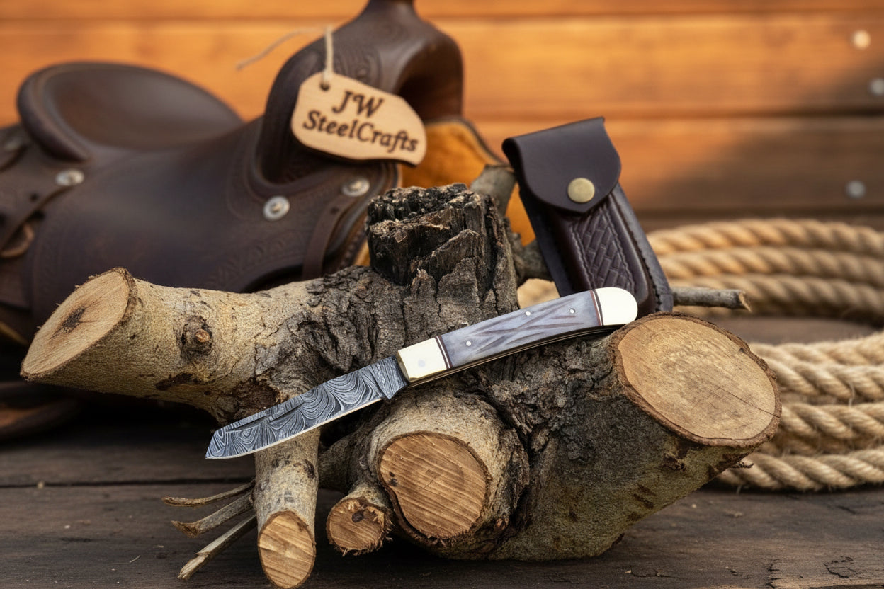 Damascus Steel Trapper Knife 4" with Bone Handle, Folding Pocket Knife