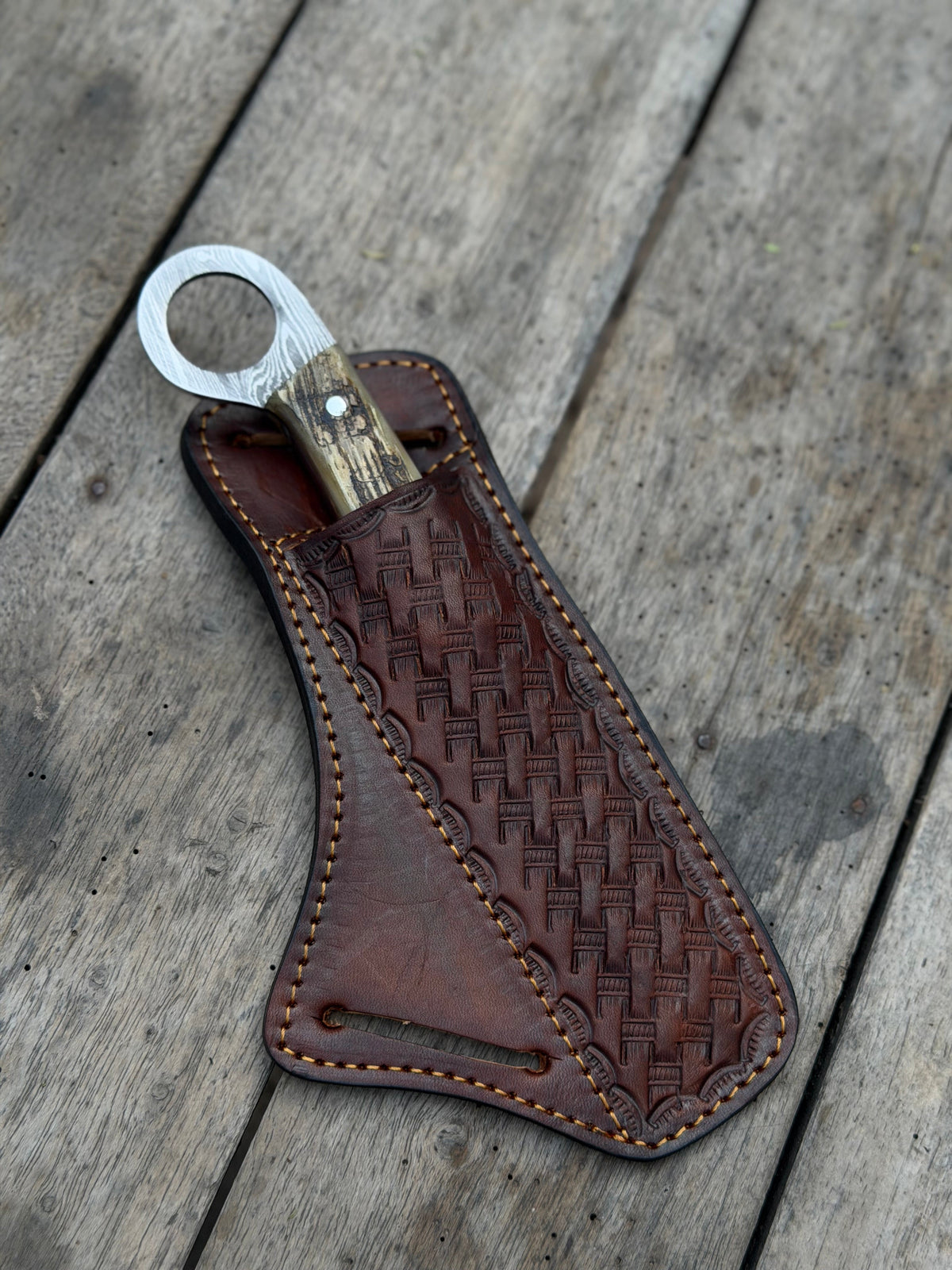 Finger Loop Prairie Bull Cutter 6.5" Handmade rasp Damascus Steel Leather Crossdraw