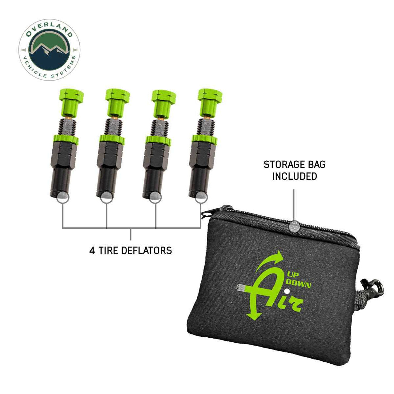 Overland Vehicle Systems 4 Piece Adjustable Tire Deflator Kit & Storage Bag