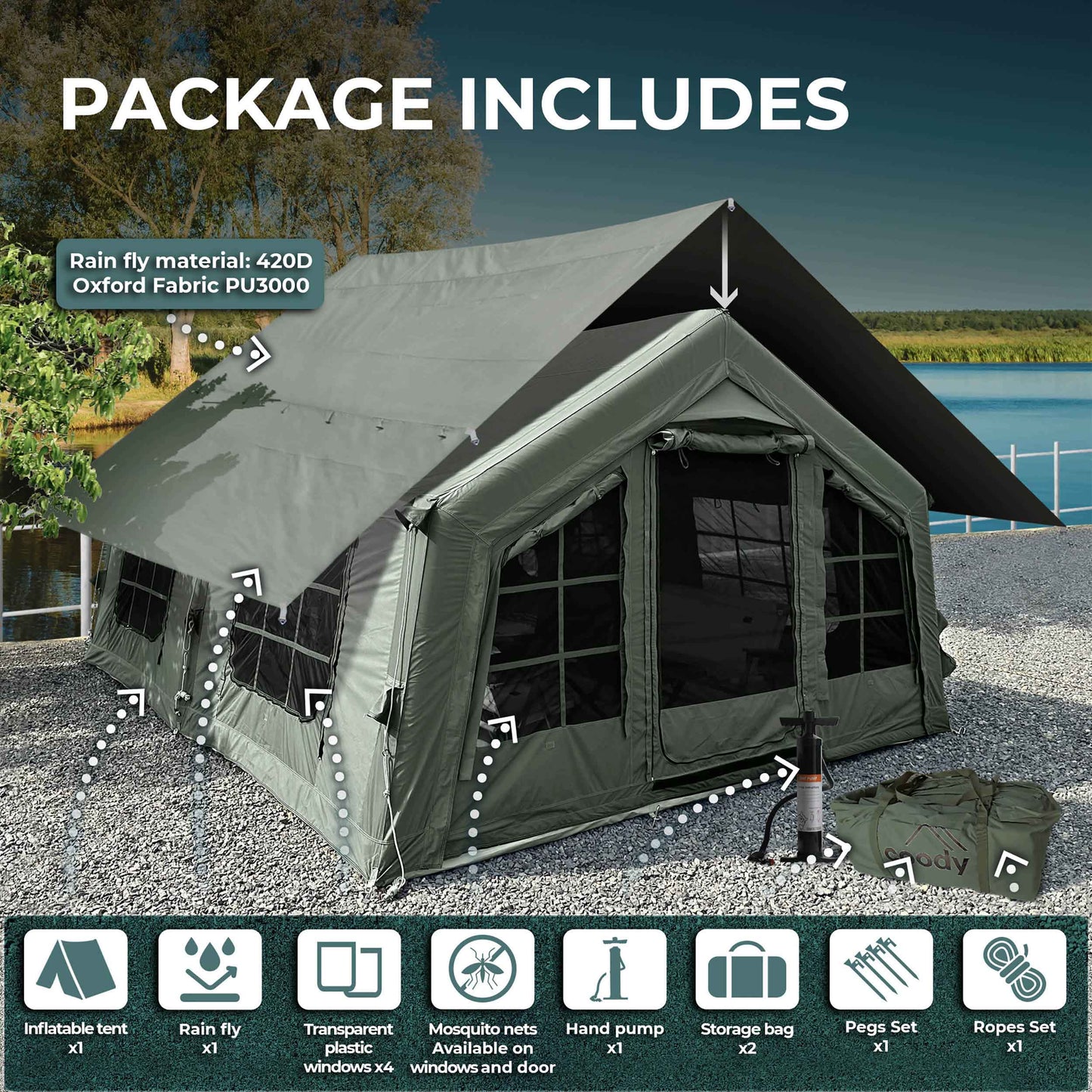Coody 13.6 | RBM Outdoors (Koala 5) Forest Green + Stove Caminus M - Inflatable Tents with Stove