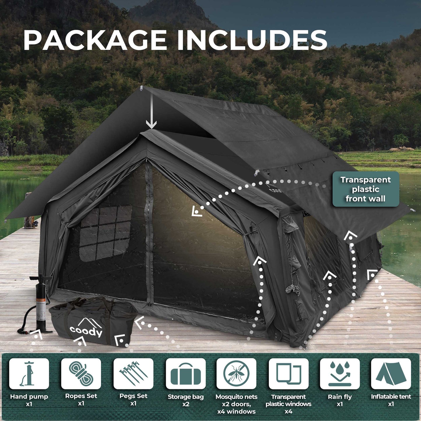 Coody 17.2 | RBM Outdoors (Koala 7) Black + Stove Caminus M - Inflatable Tents with Stove