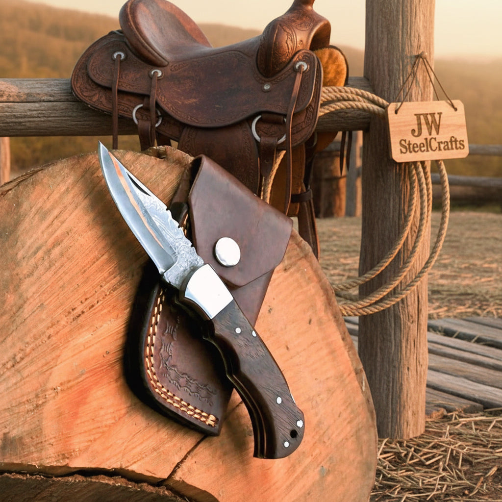 Saddle Ridge Folding Hunter Knife 8" Handmade Damascus Liner Lock