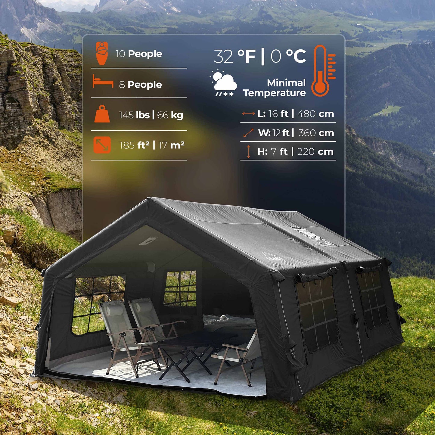 Coody 17.2 | RBM Outdoors (Koala 7) Black + Stove Caminus M - Inflatable Tents with Stove