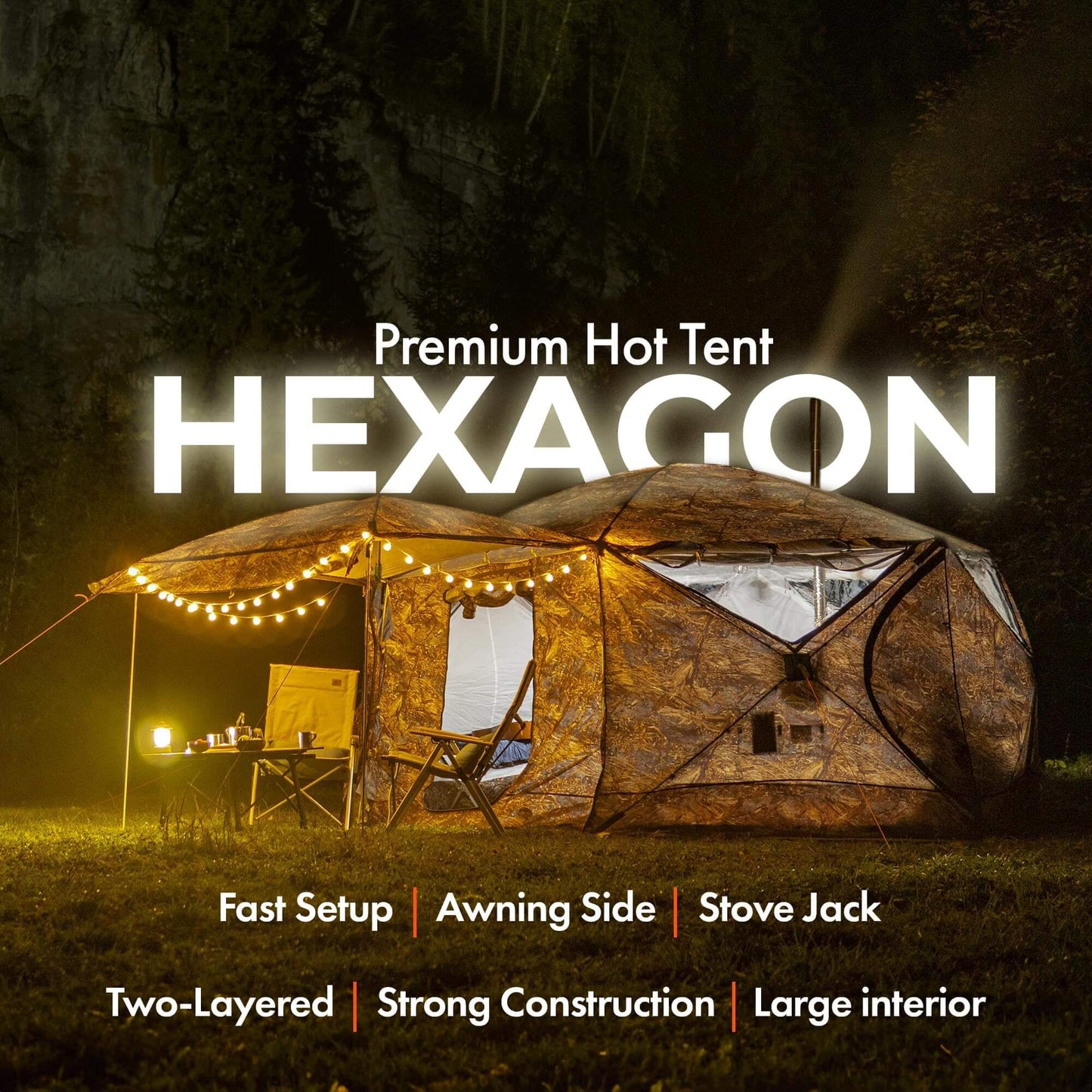 RBM All-Seasons tent Hexagon for 2-9 person + Wood Stove Caminus M + Three-Layer Floor