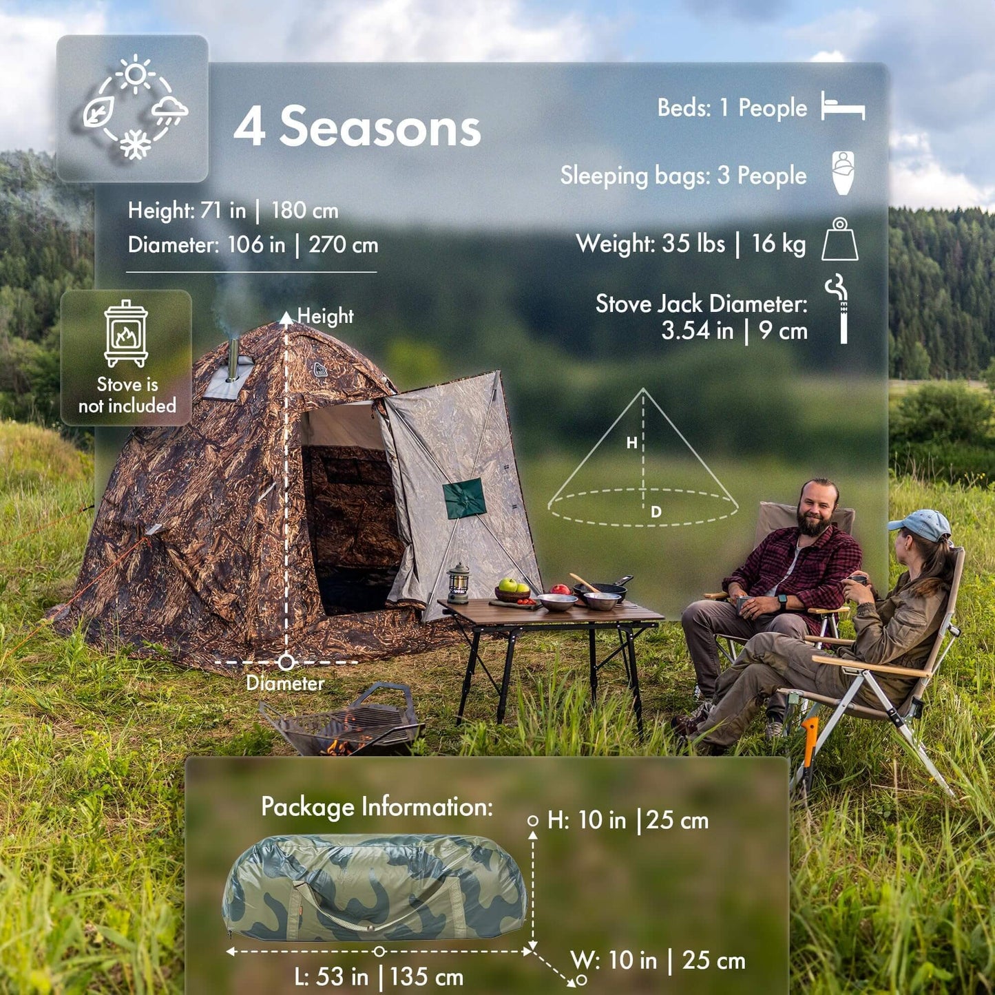 RBM All-Seasons tent UP-2 Mini for 1-3 person + Wood Stove Caminus S