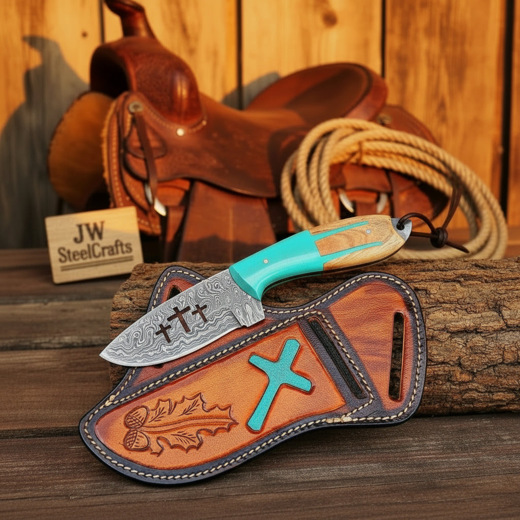 Turquoise Trinity Cross Ranch Knife 7" Handmade Damascus Steel