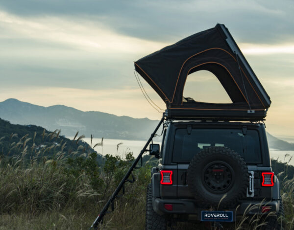Roveroll Aluminum Side Opening Roof Top Tent | Taupe Body & Black Rainfly 53"