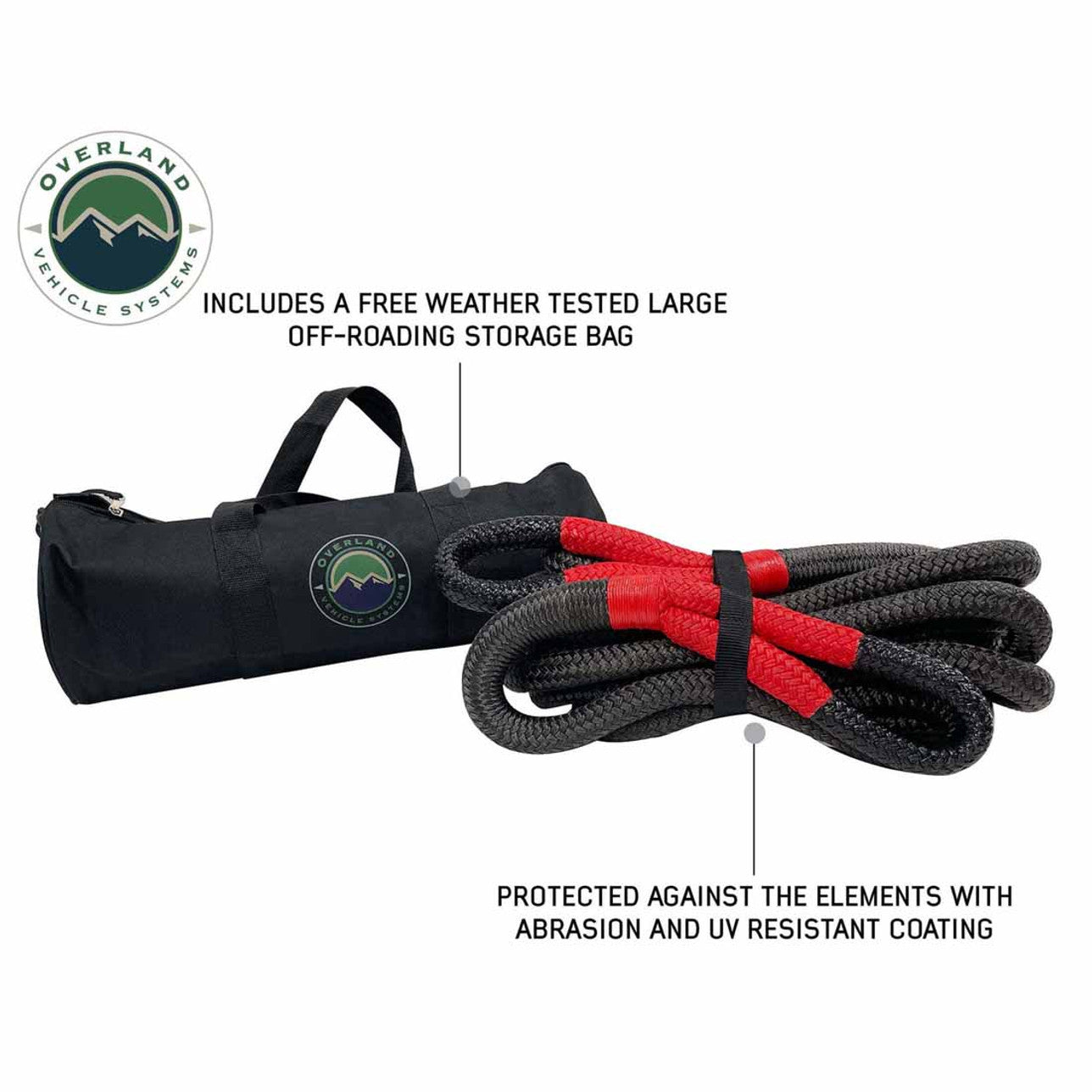 Overland Vehicle Systems Brute Kinetic Recovery Strap 1" x 30' With Storage Bag – 30% Stretch