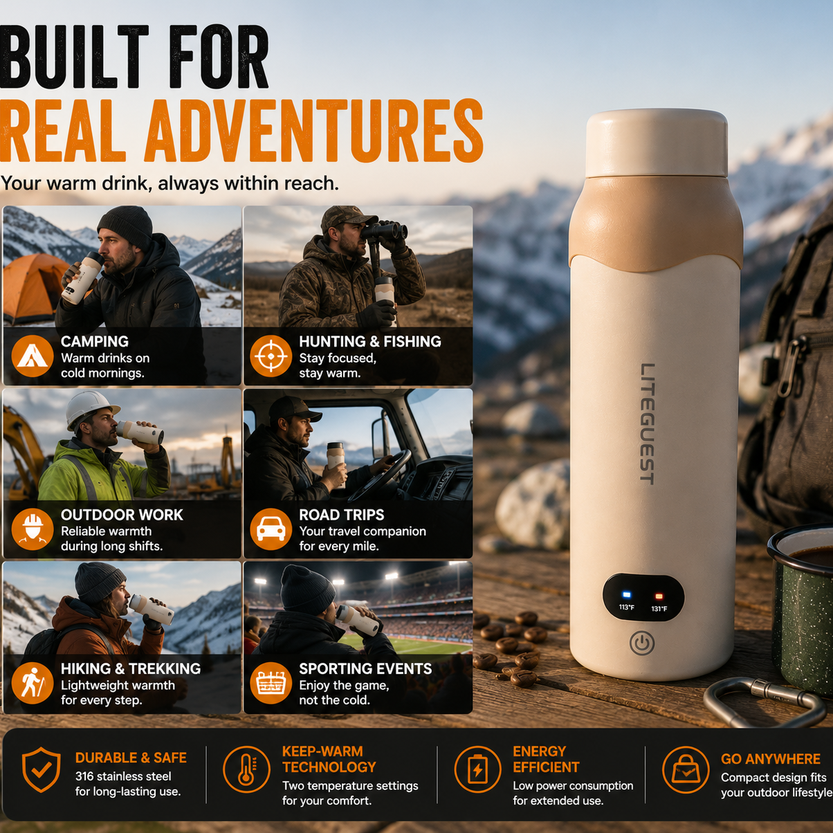 LITEGUEST Portable USB Heated Outdoor Mug 304 Stainless Steel Warm Cup
