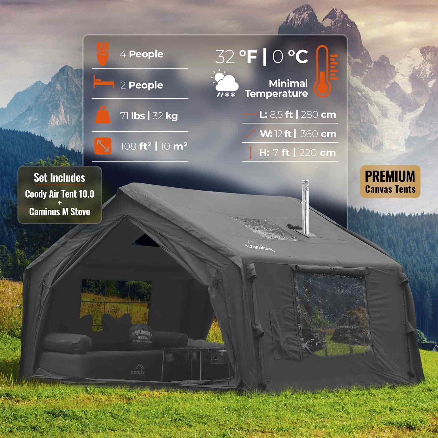 Coody 10 Black + Stove Caminus S - Inflatable Tents with Stove