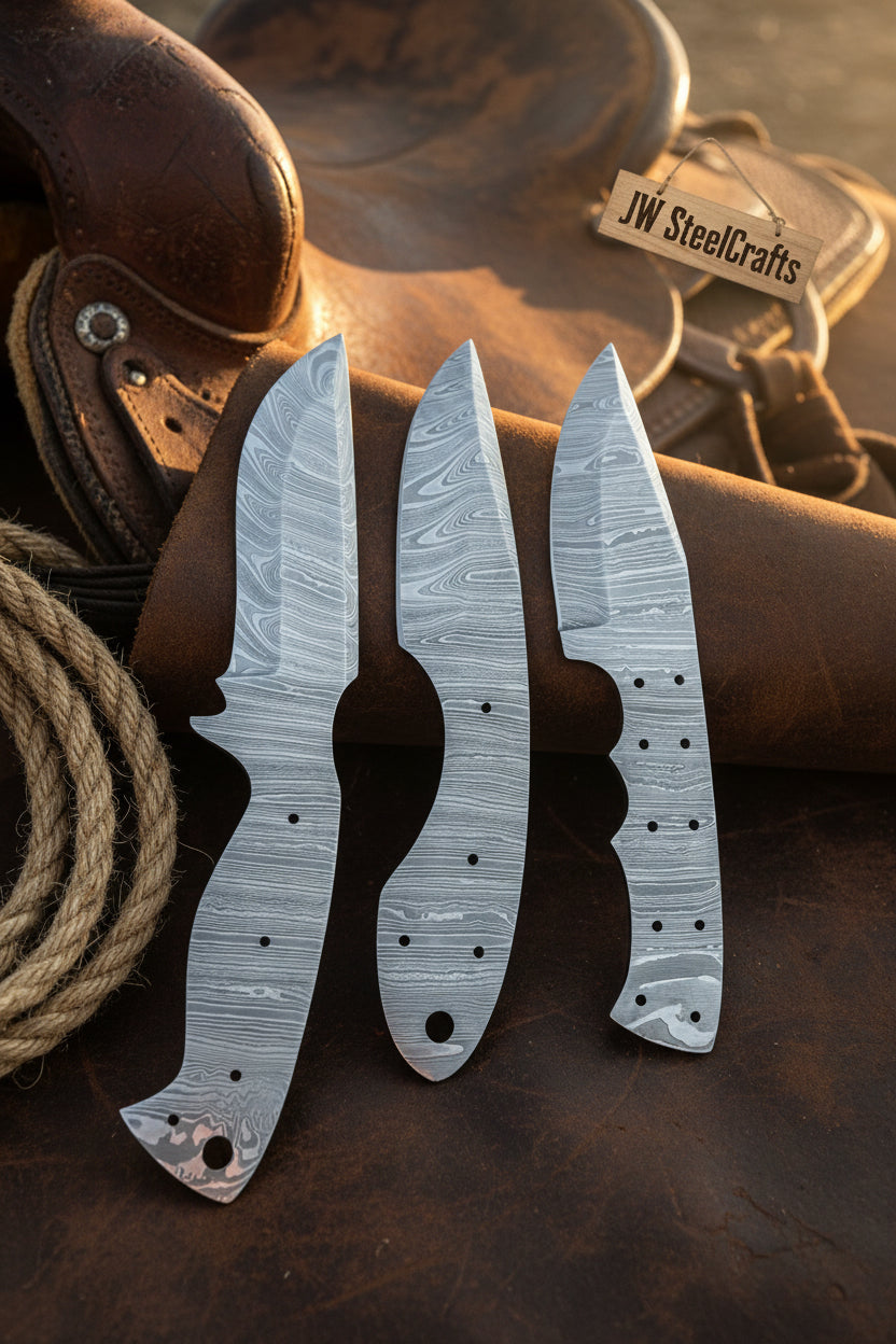 Damascus Knife Blanks Set 4.5 Inch Blades Fixed Blade DIY Trio