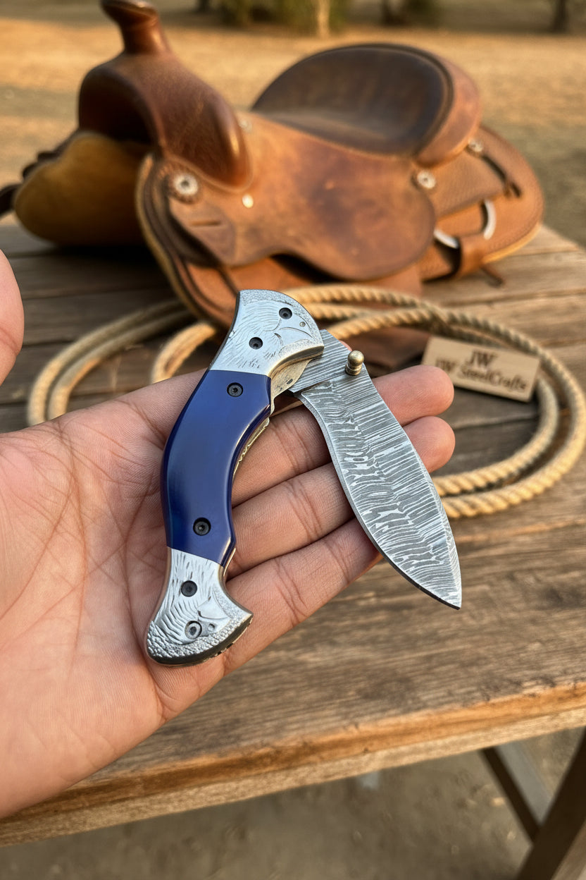 Silverline Ridge Curved Folder Knife 8" Handmade Damascus Steel Resin Handle