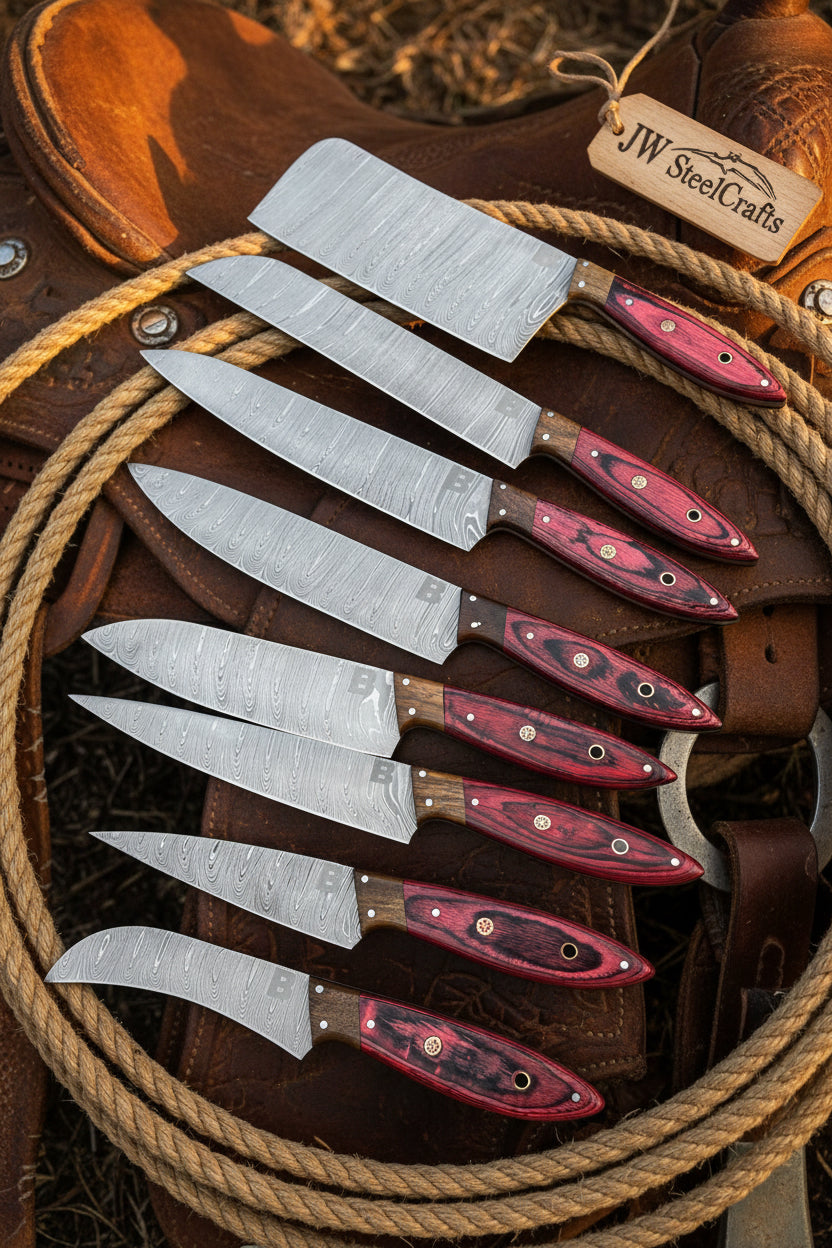 8 Piece Damascus Knife Set with Red Pakka Handles and Leather Roll