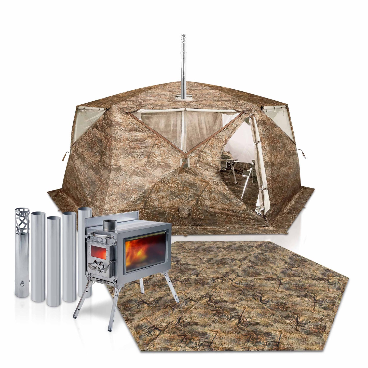 RBM All-Seasons tent Hexagon for 2-9 person + Wood Stove Caminus M + Three-Layer Floor
