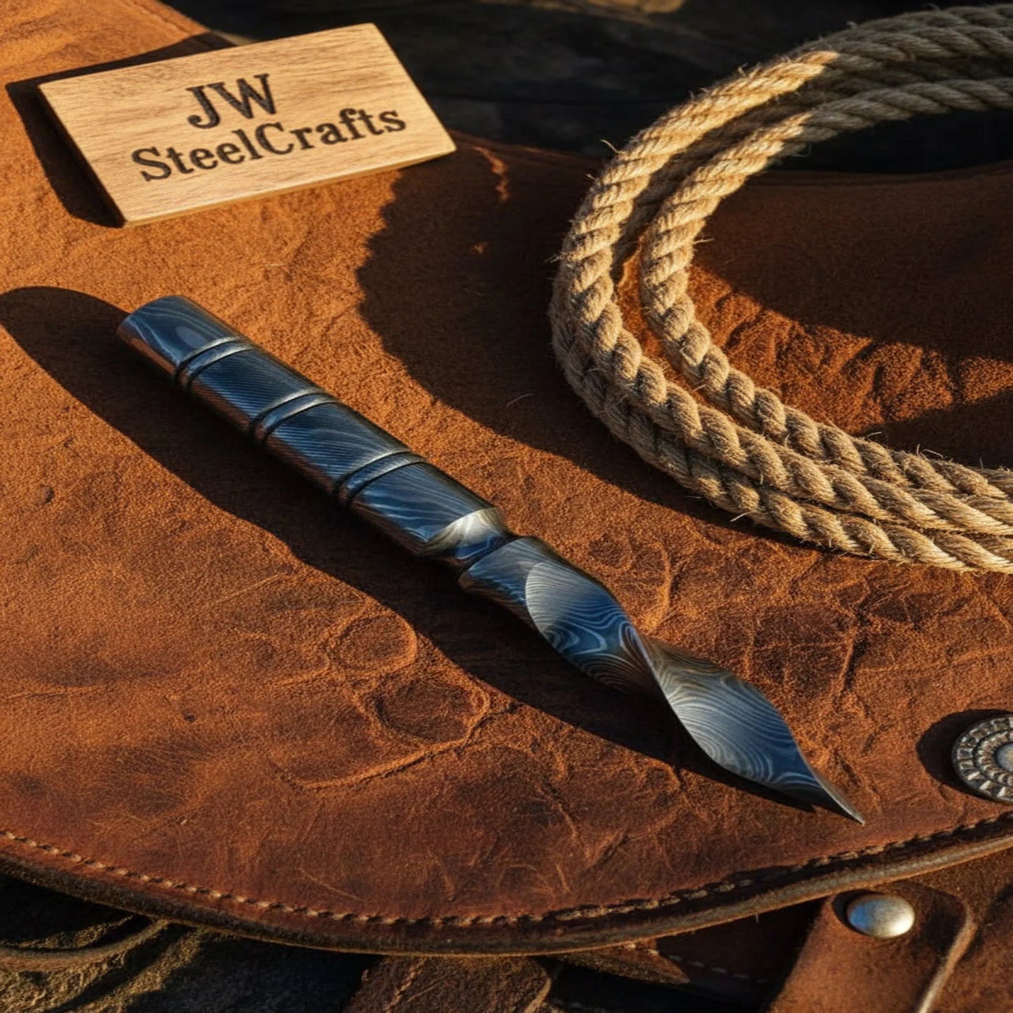 Damascus Tri-Edge Cyclone Dagger with Spiral Blue Patina Blade