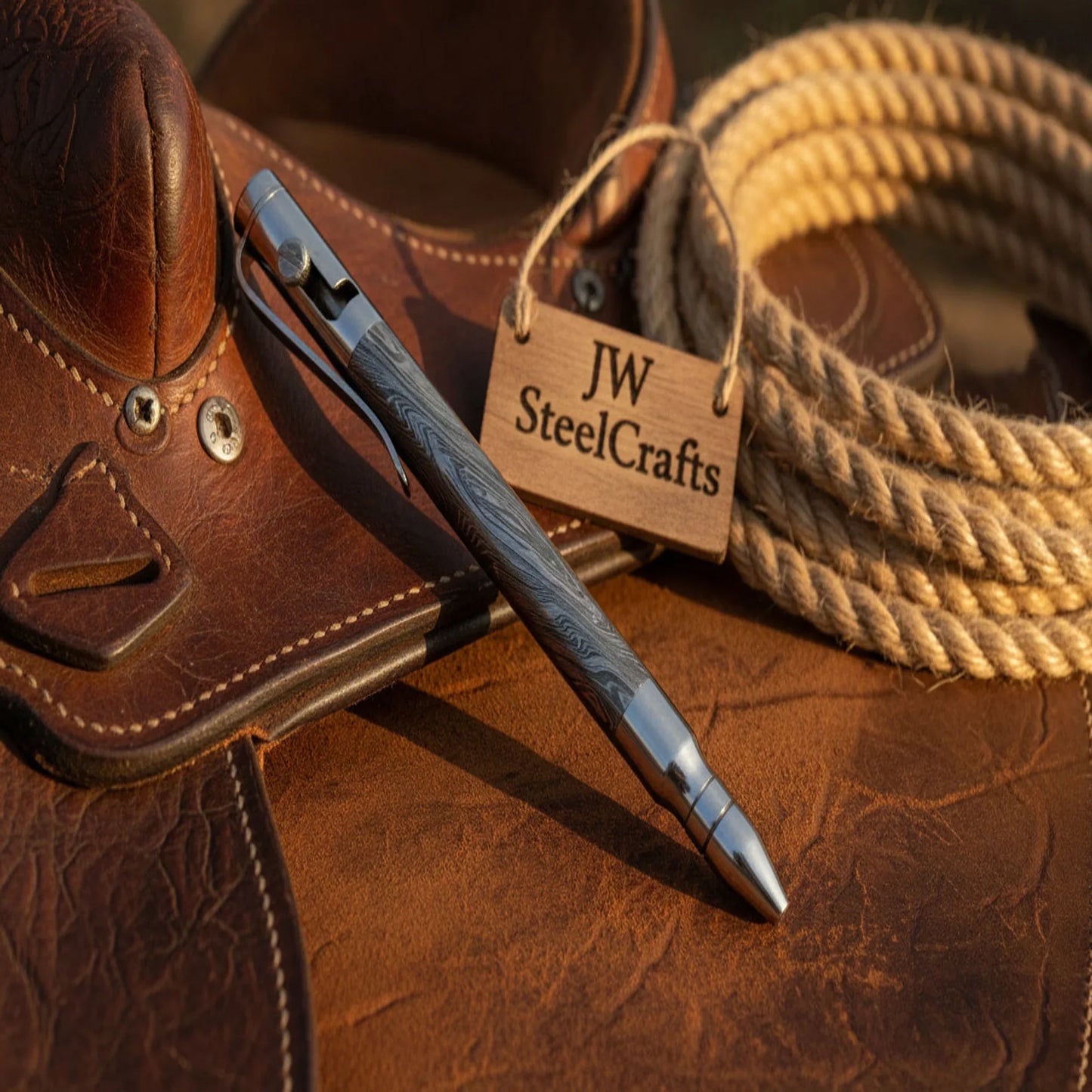 Chrome Bolt Action Damascus Pen with Dark Forged Barrel