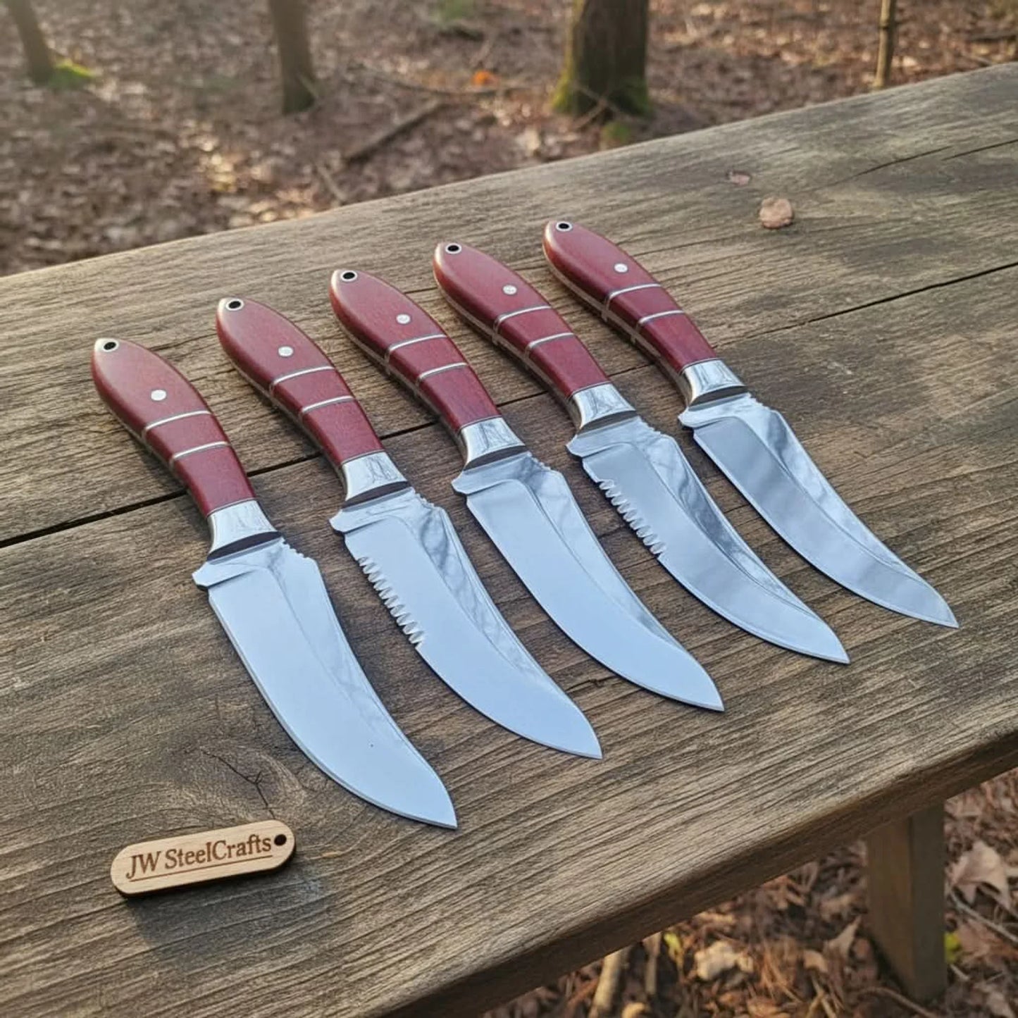 Handmade Drop Point Hunting Knife Set of 5-Piece Full Tang Blades with Red Resin Handles