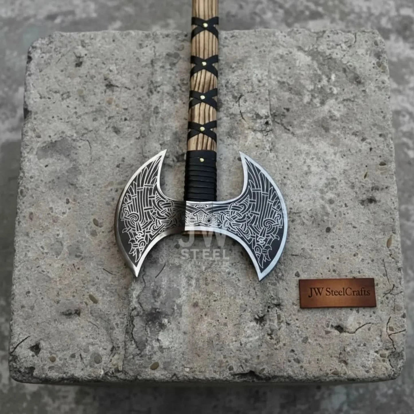 Hand Engraved Double Headed Viking Axe with Nordic Knotwork and Leather Wrapped Handle