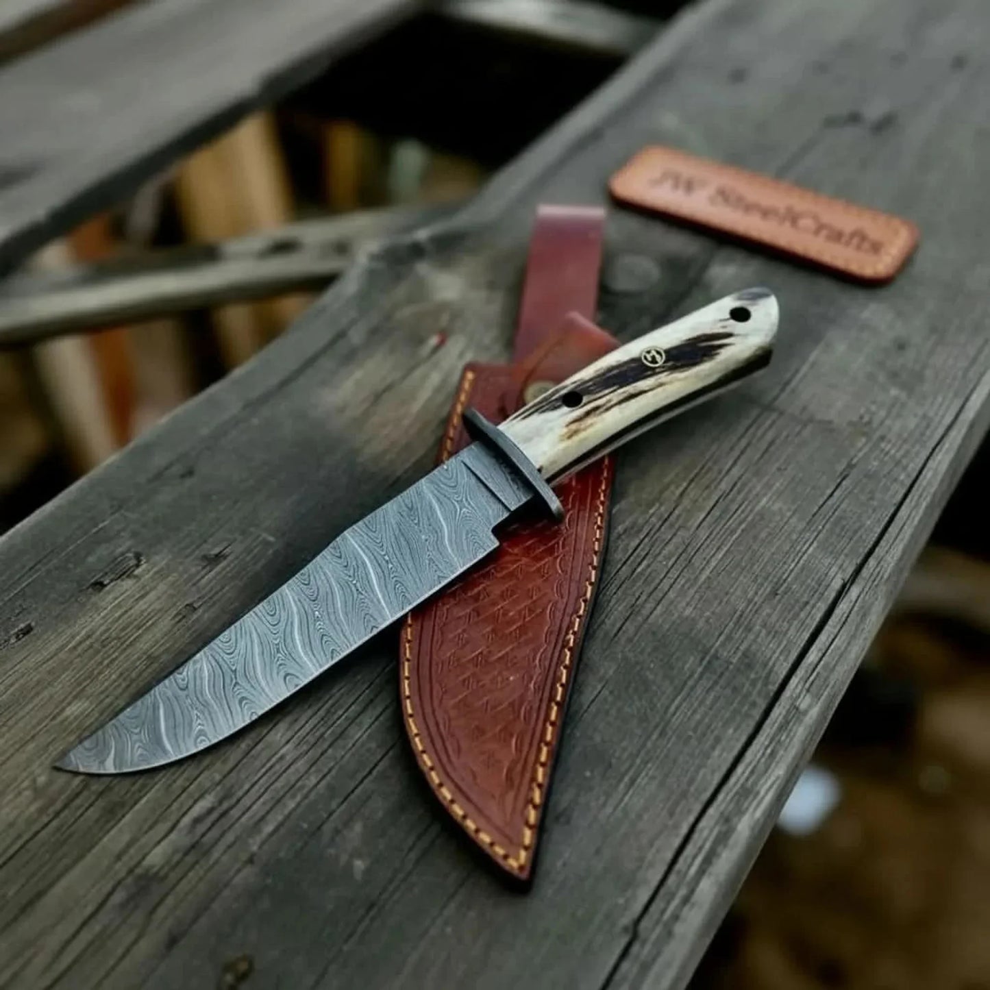 Handmade Damascus Hunting Knife with Stag Antler Bowie Blade
