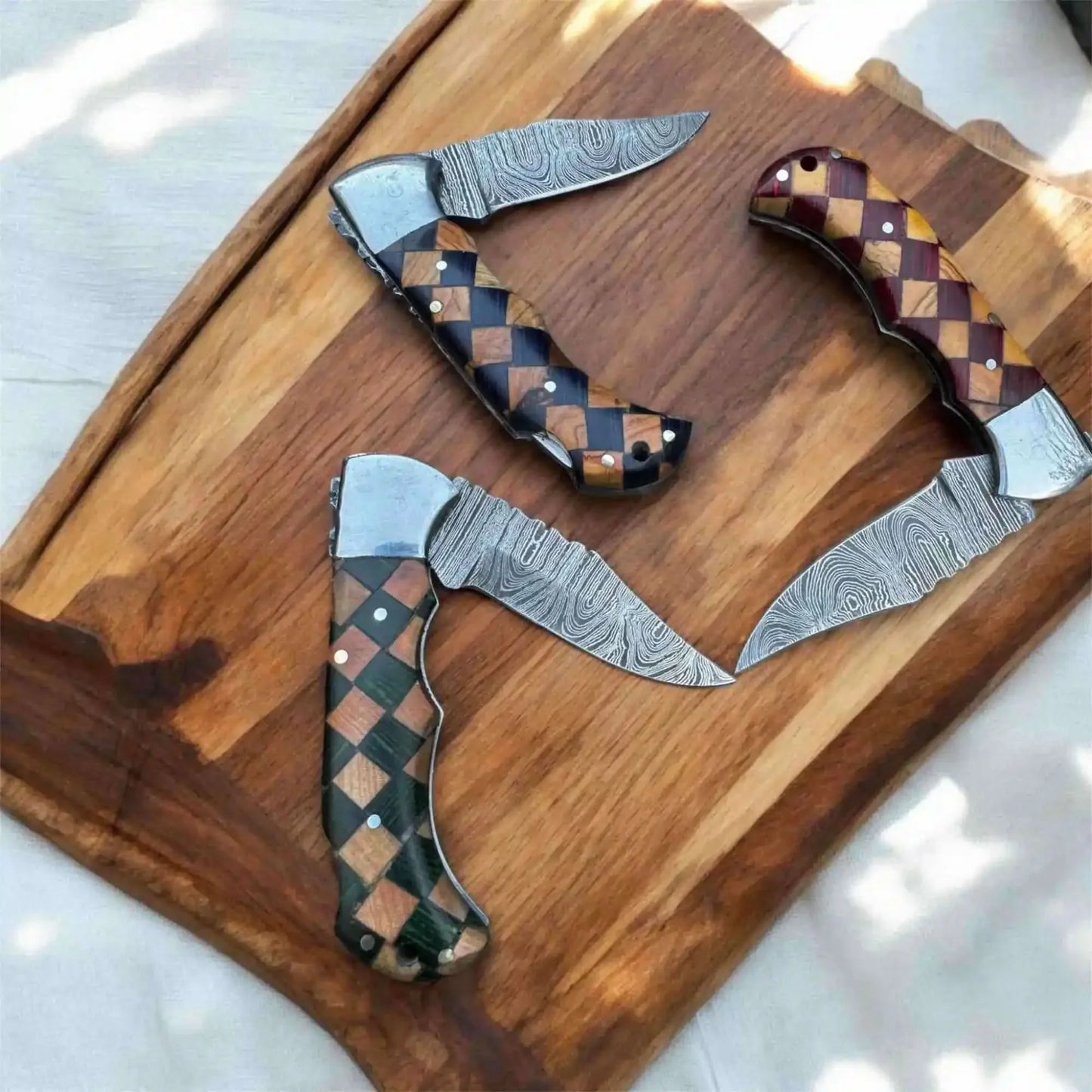 Handmade Damascus Folding Knife with Checker Pattern Wood Handle (Red, Green, Blue) with Leather Sheath