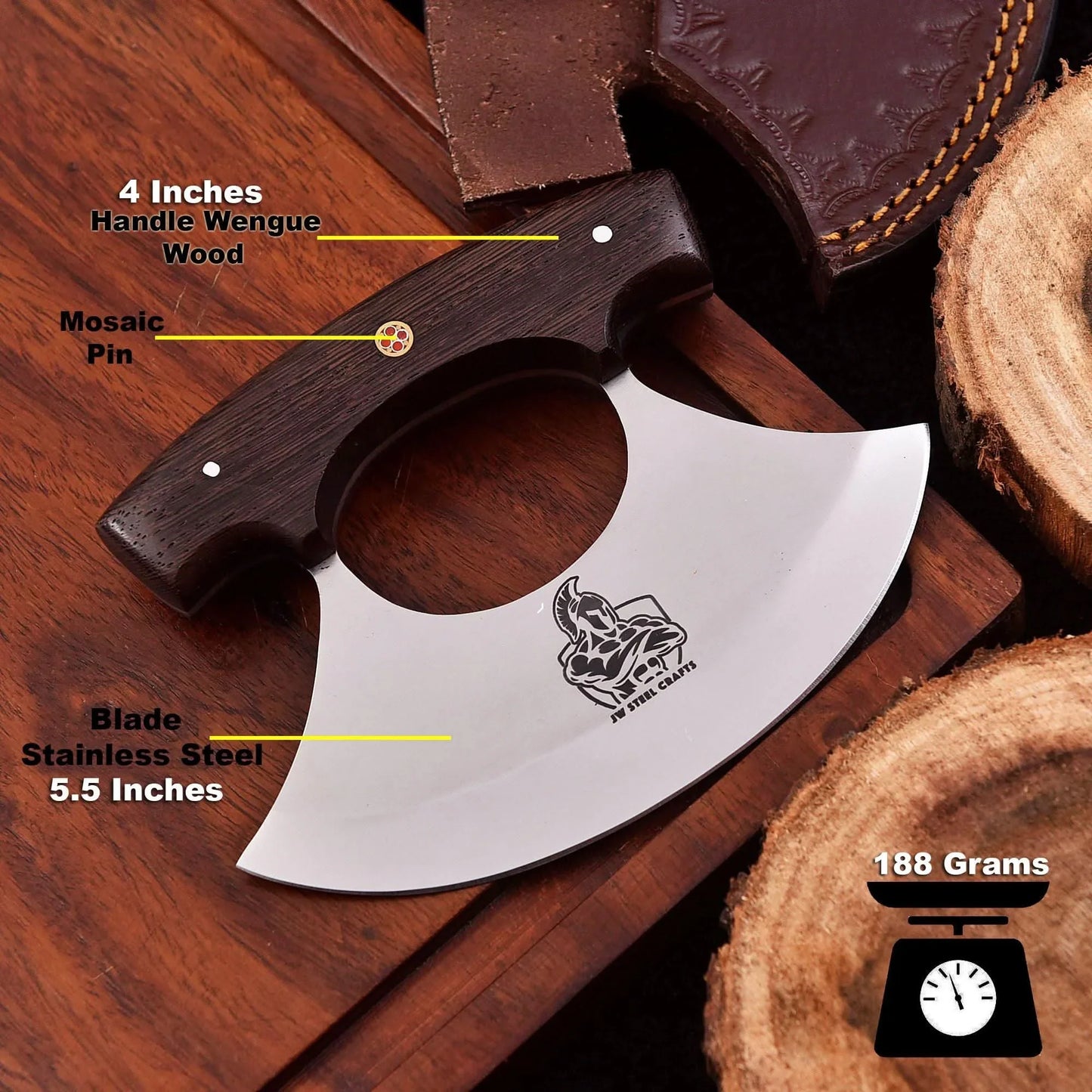 Handmade Stainless Steel Ulu Knife β Wenge Wood Handle | 5.5β Blade | Mosaic Pin | JW SteelCrafts