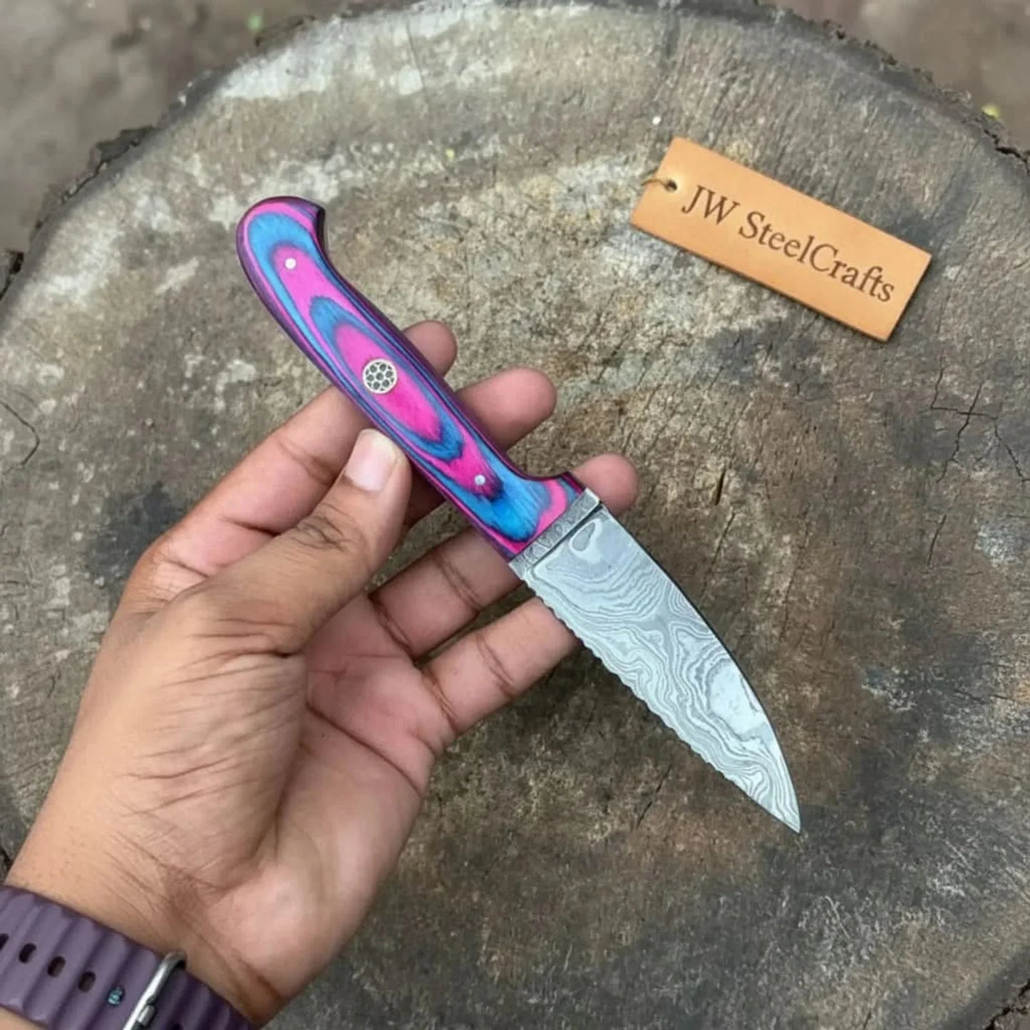 Damascus Steel Fixed Blade Knife – Pink & Blue Pakka Wood Handle | JW SteelCrafts