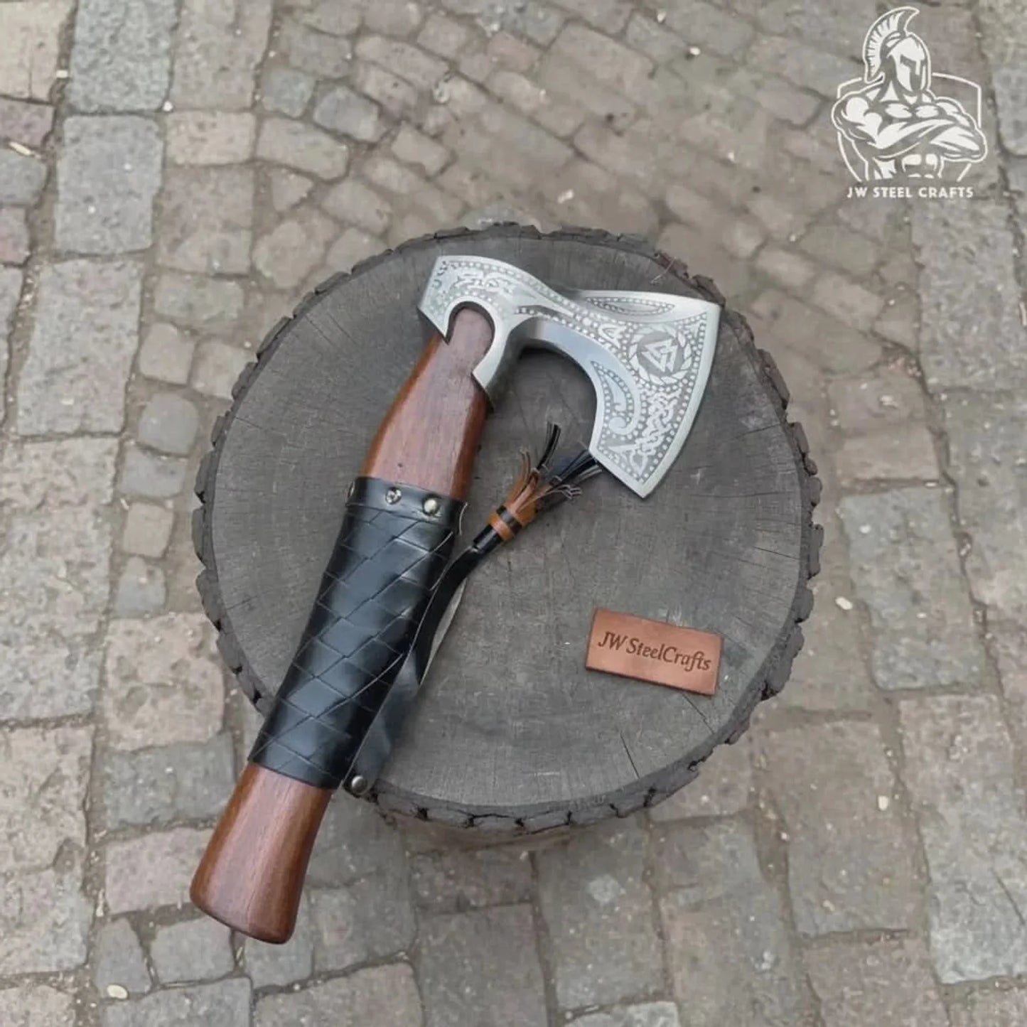 Viking Axe with Leather Wrapped Handle & Engraved Head – JW SteelCrafts