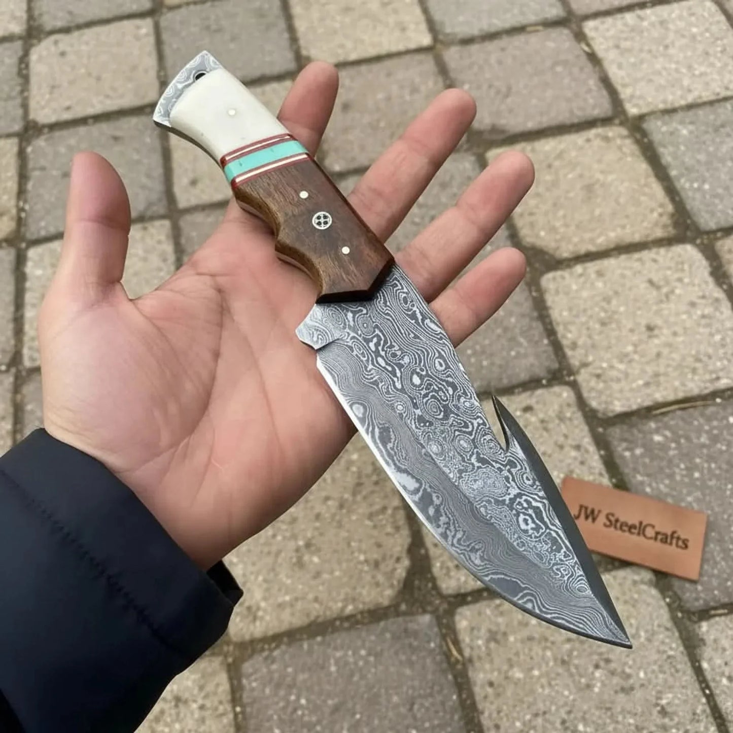 Damascus Gut Hook Hunting Knife — Bone, Turquoise Resin & Rosewood Handle