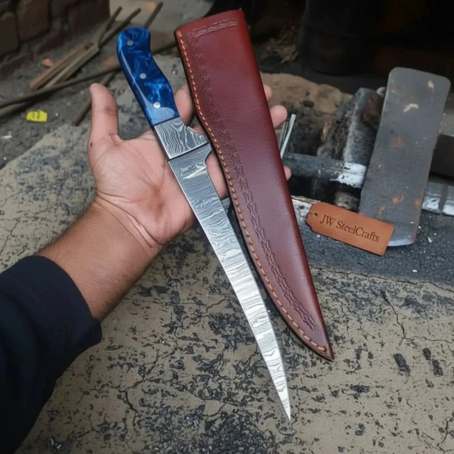 Hand-Forged 8 Inch Damascus Steel Fillet Knife with Blue Resin Handle, Full Tang with Leather Sheath