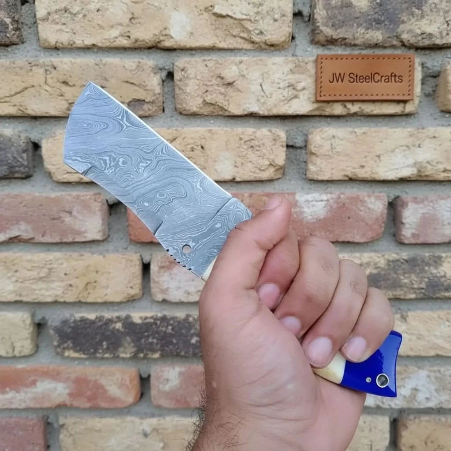 Handmade Damascus Tanto Knife with Bone and Blue Resin Handle, Fixed Blade Outdoor Utility Knife