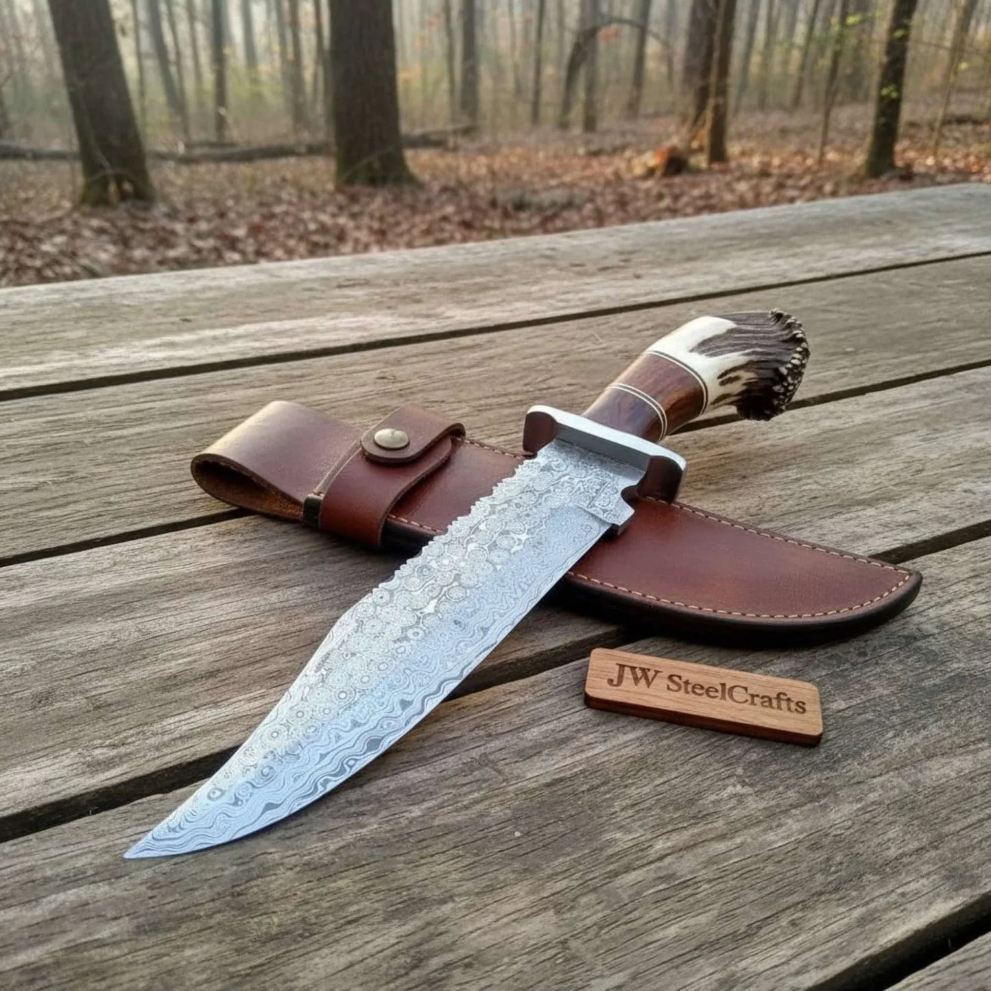 Sheffield Clip Point Bowie Knife with Damascus Steel and Crown Stag