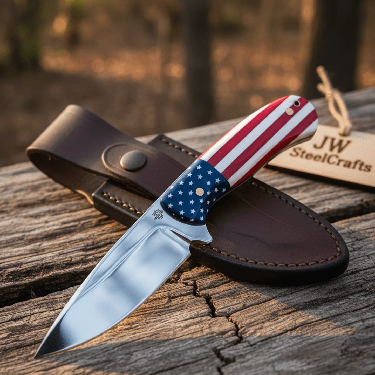 Handmade Drop Point Hunting Knife – High Polish Bearing Steel Blade, USA Flag Handle, Full Tang Fixed Blade