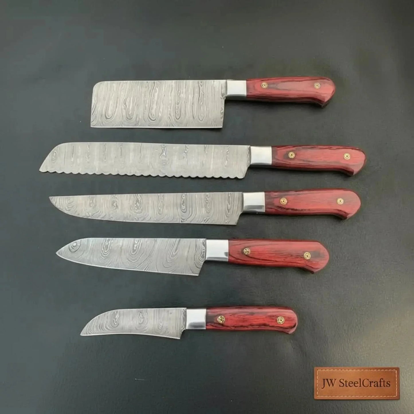 5-Piece Handcrafted Damascus Steel Knife Set: Cleaver, Bread, Chef, Utility, Paring