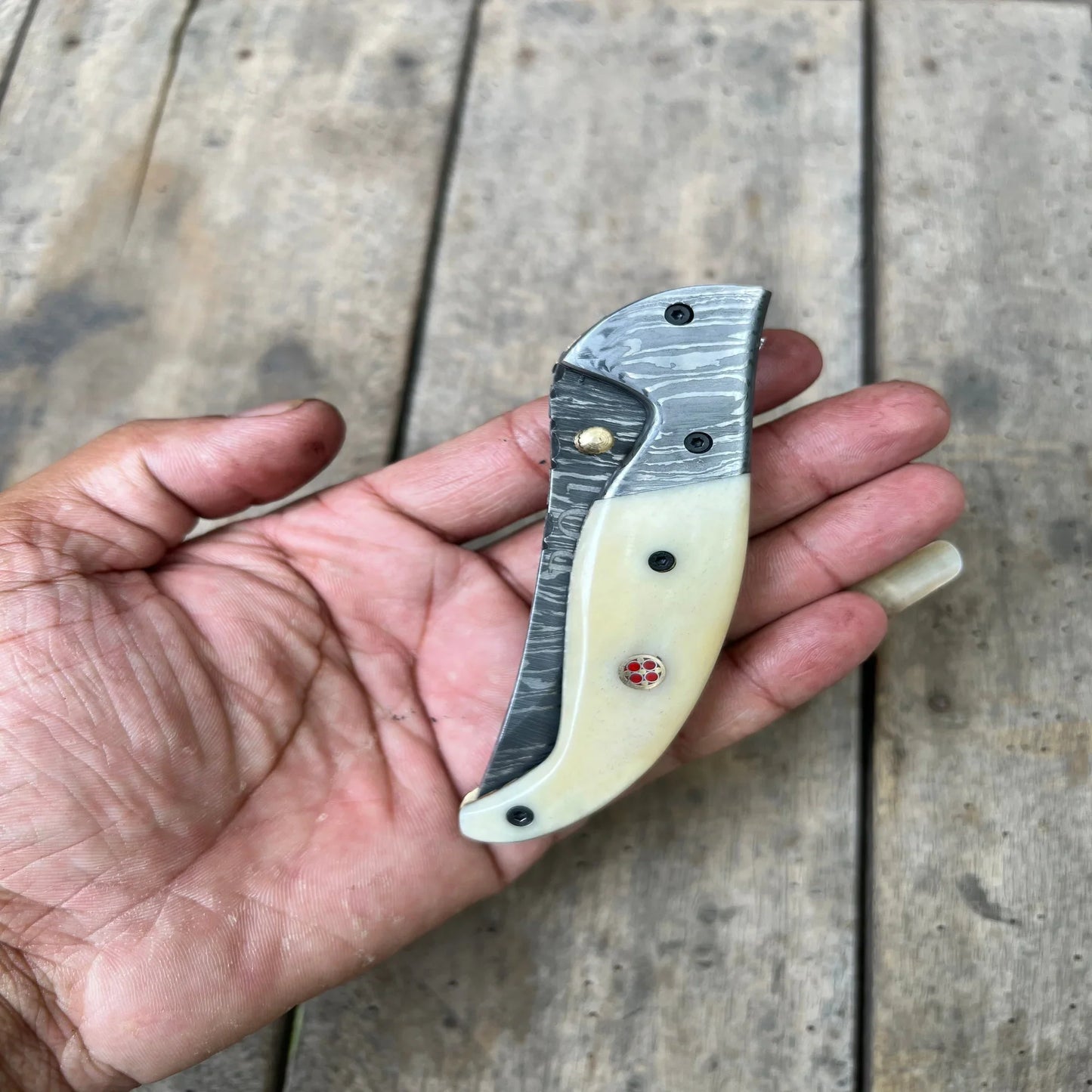 Handmade Damascus Folding Knife with Bone Handle – Compact EDC Pocket Knife with Leather Sheath