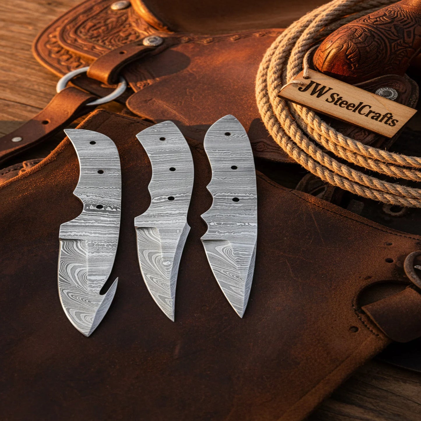 Handmade Damascus Steel Blank Blade Skinner Knife - Lot of 3/ For Knife Making