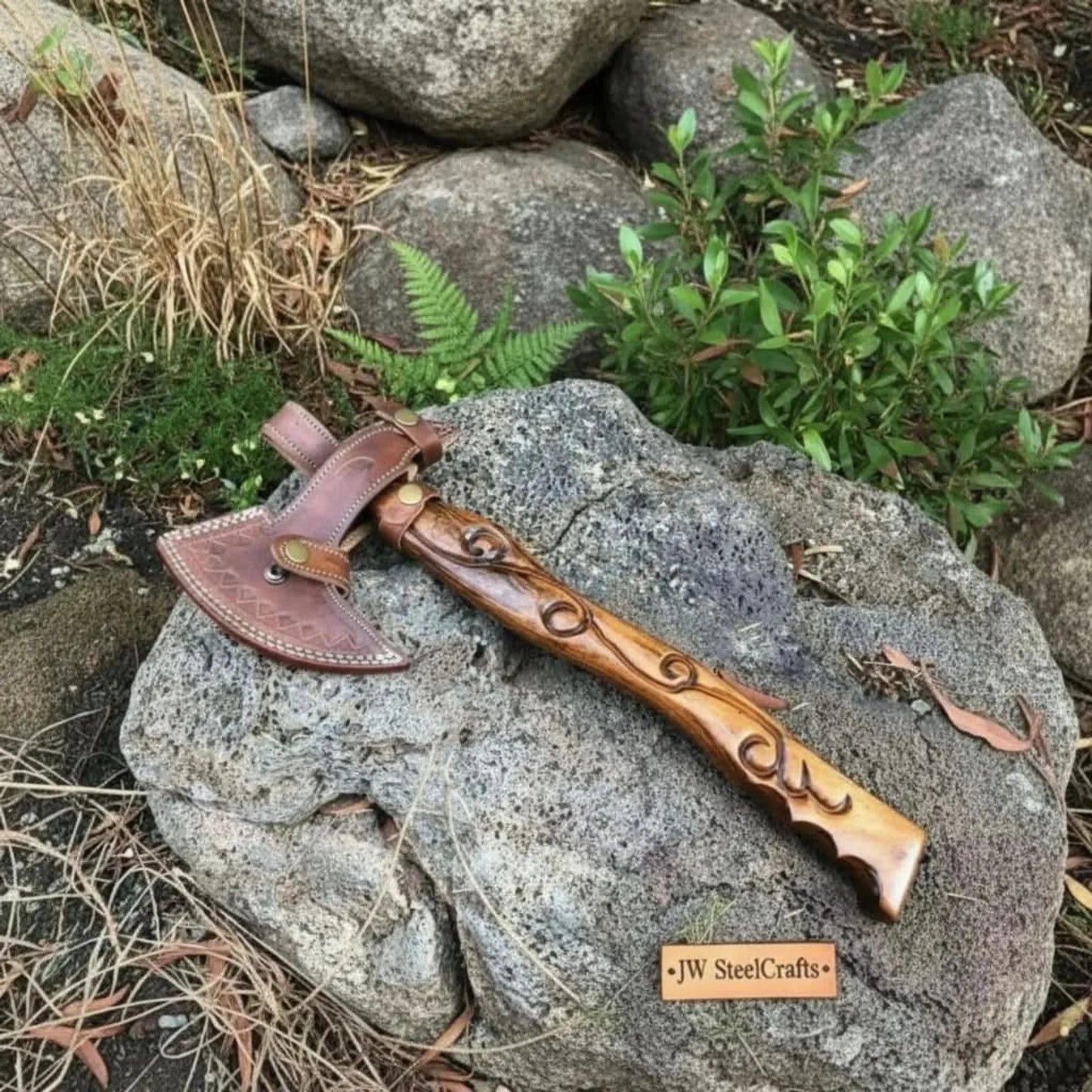 Handmade Damascus Steel Viking Bearded Axe – Pattern Welded Blade with Carved Hardwood Handle | JW SteelCrafts
