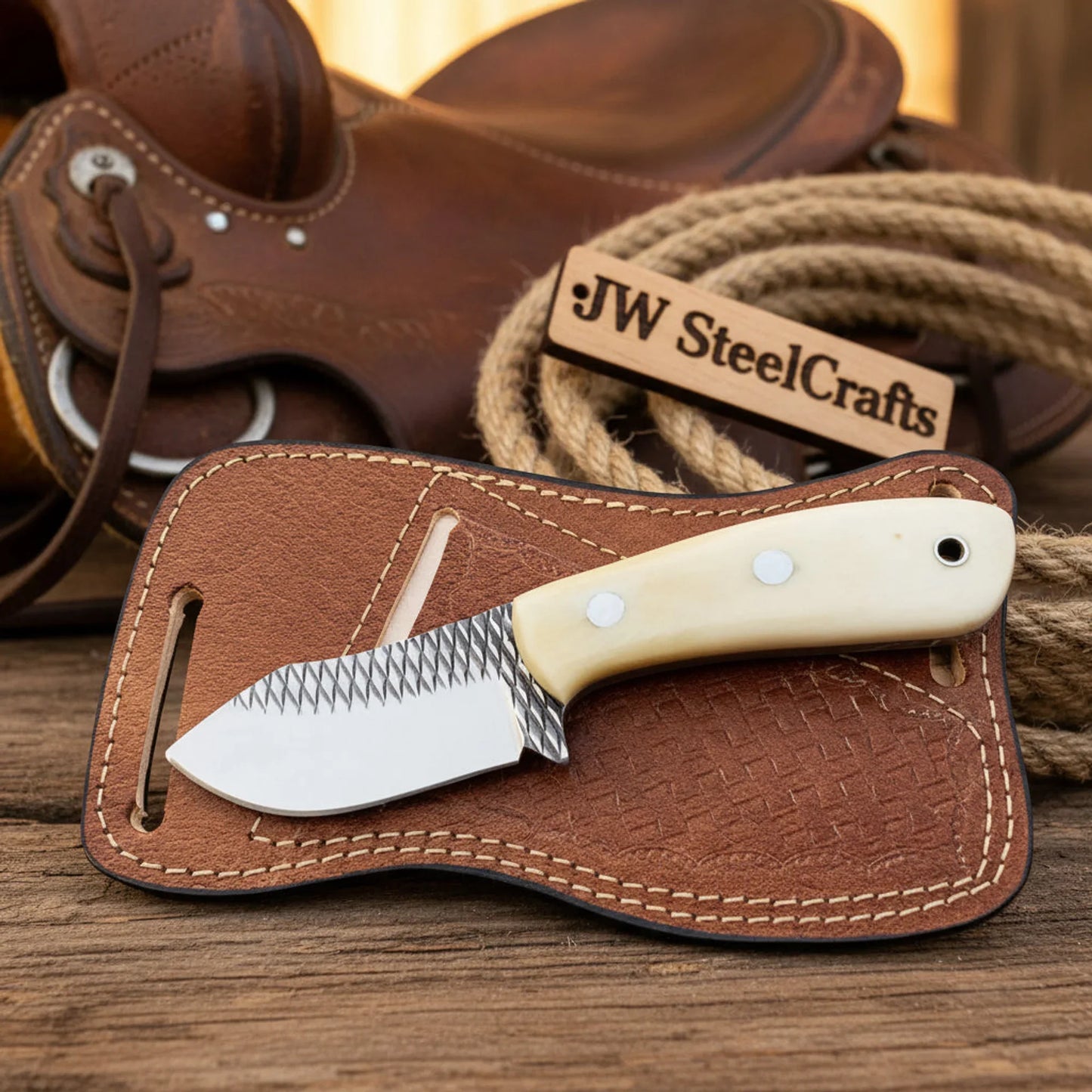Bone-Handle Short Skinner Knife with Rasp Steel Blade for Everyday Carry