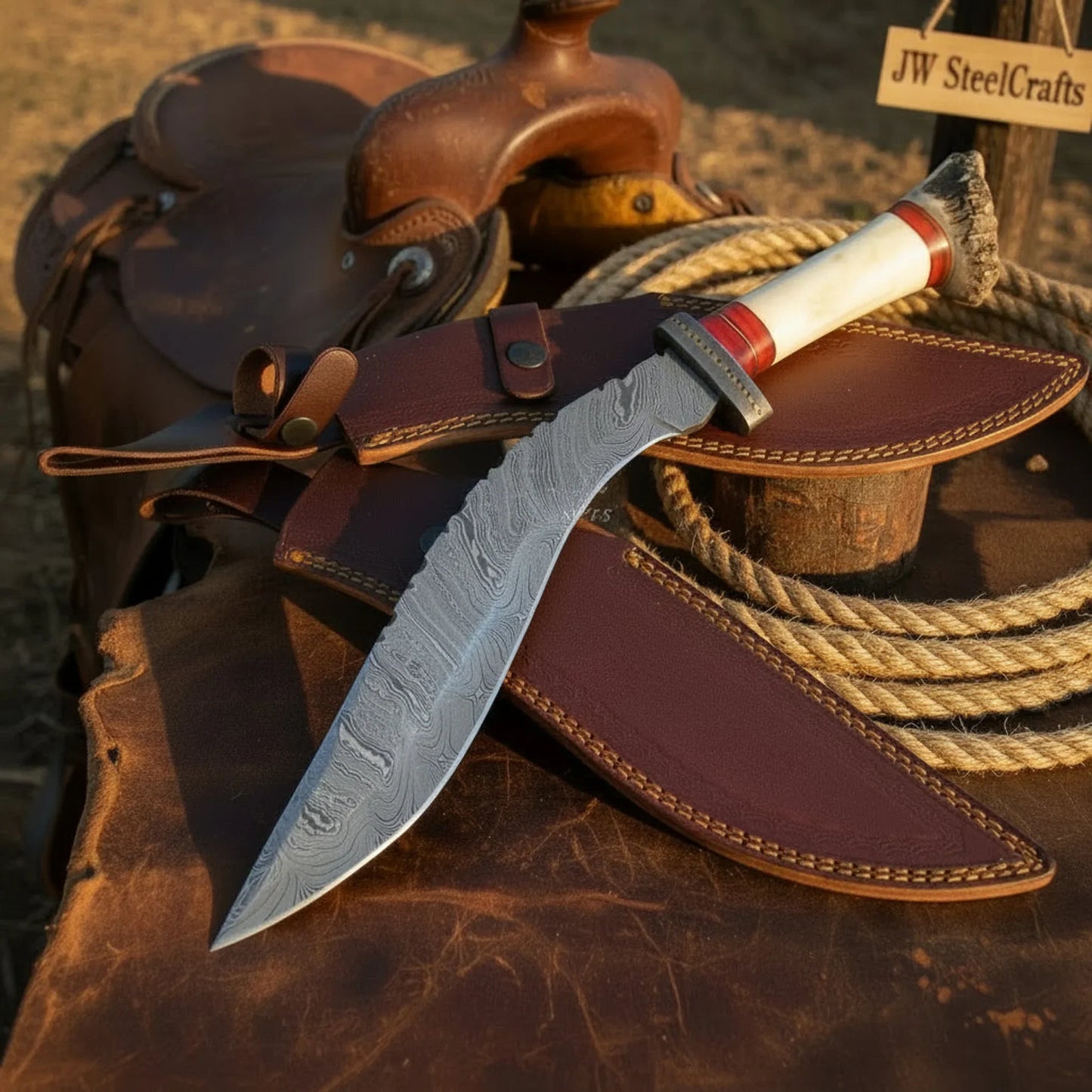 Tundra Ridge Damascus Kukri – Hand-Forged Stag & Bone Hunting Knife by Shard Blade