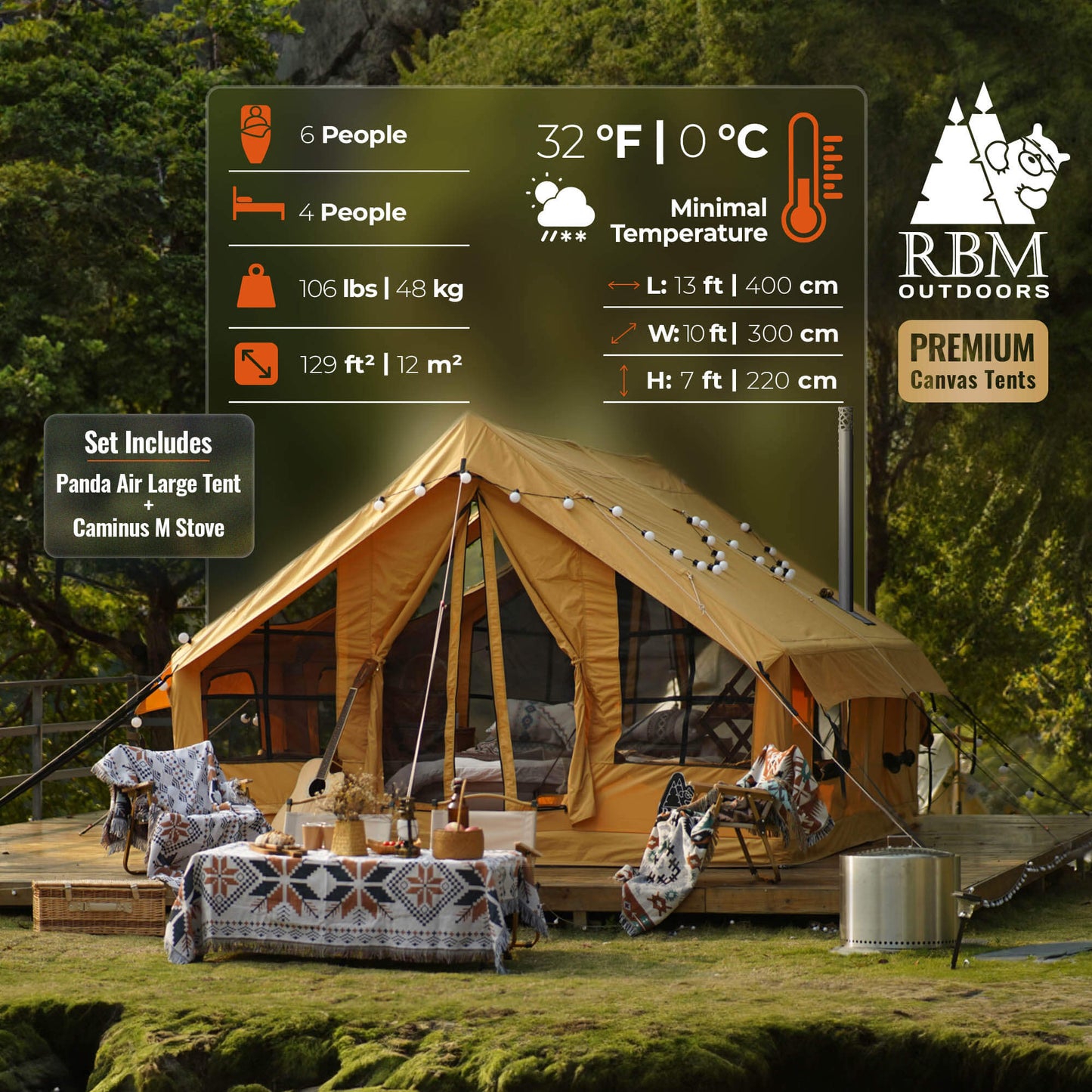 RBM Panda Large Sunny Beige + Stove Caminus M - Inflatable Tents for Camping with Stove