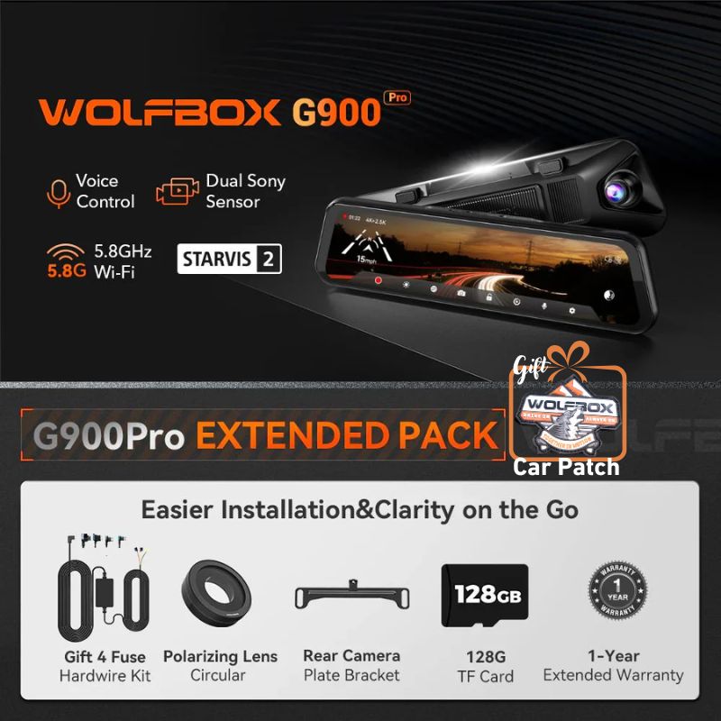 WOLFBOX G900Pro 12MP WiFi Touch Screen Rear View Mirror Dash Cam Smart Mirror