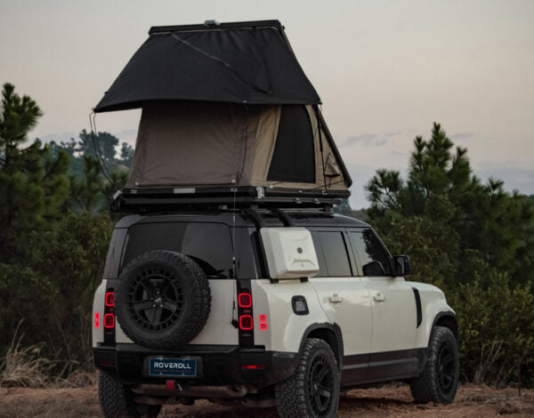 Roveroll Tri-Clam Shell Roof Top Tent | Taupe Body & Black Rainfly 53" | Versatile SUV Roof Tent