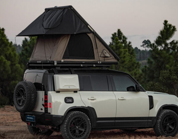 Roveroll Tri-Clam Shell Roof Top Tent | Taupe Body & Black Rainfly 53" | Versatile SUV Roof Tent