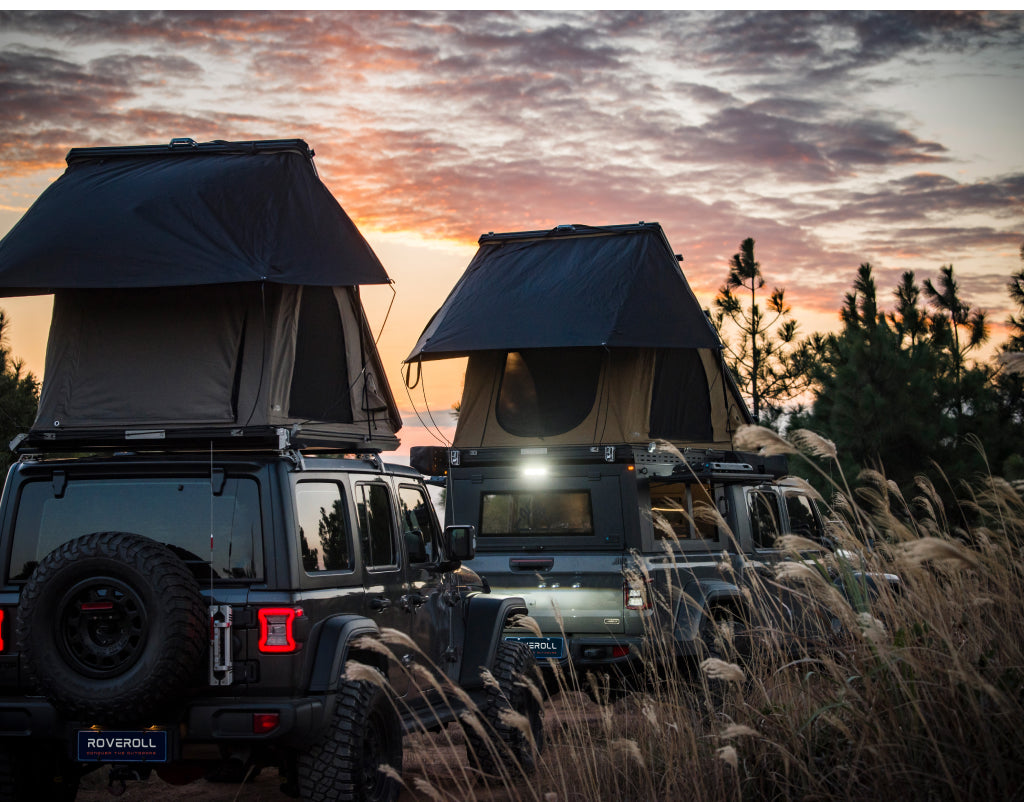 Roveroll Tri-Clam Shell Roof Top Tent | Taupe Body & Black Rainfly 53" | Versatile SUV Roof Tent