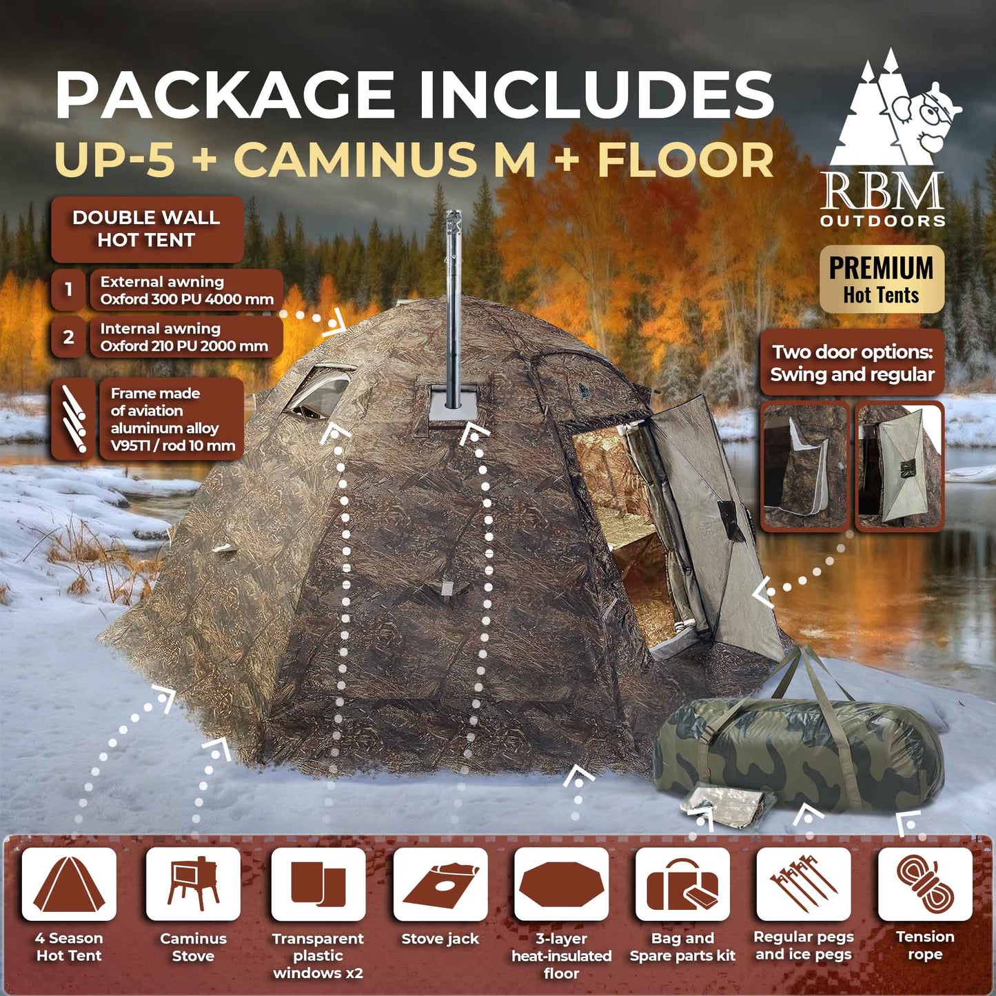 RBM All-Seasons tent UP-5 for 2-6 person + Wood Stove Caminus M + Three-Layer Floor
