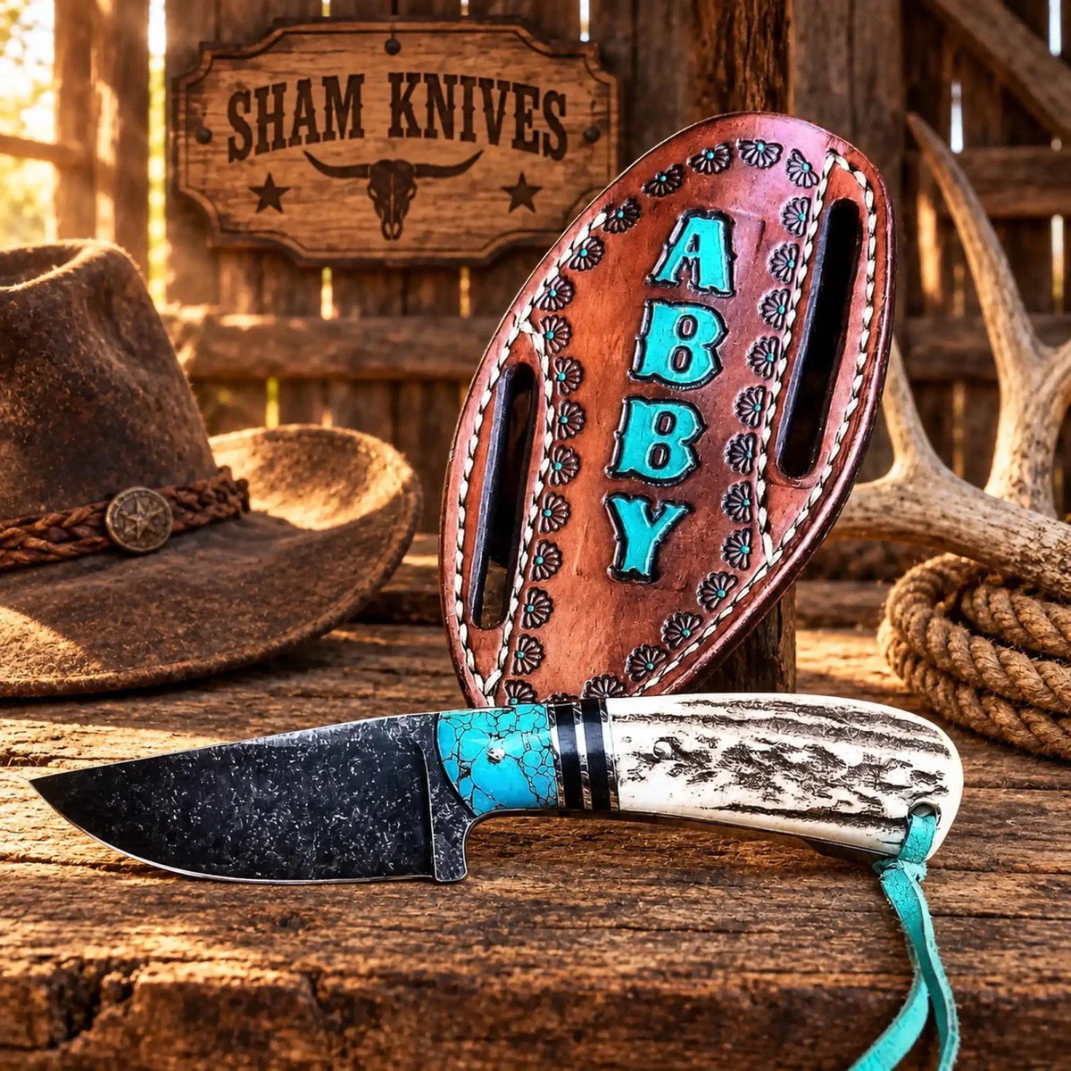 All-Rounder Cowboy Knife – 4" D2 Steel, Antler & Turquoise Handle